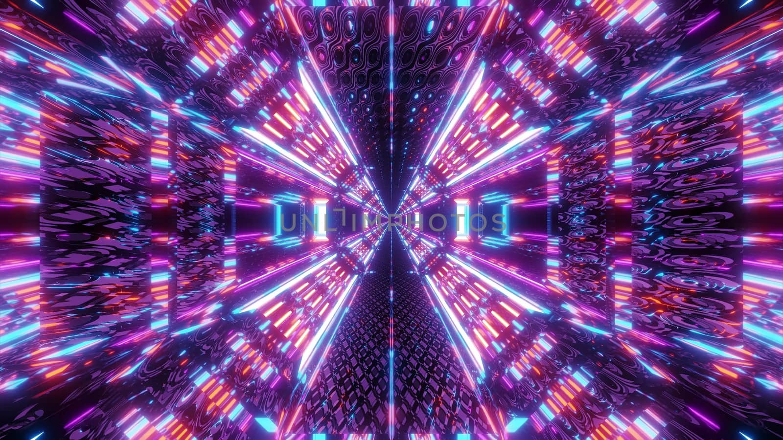 abstract textured sci-fi tunnel corridor with endless lights 3d illustration wallpaper background stock image, futuristic space hangar 3d rendering with nice texture