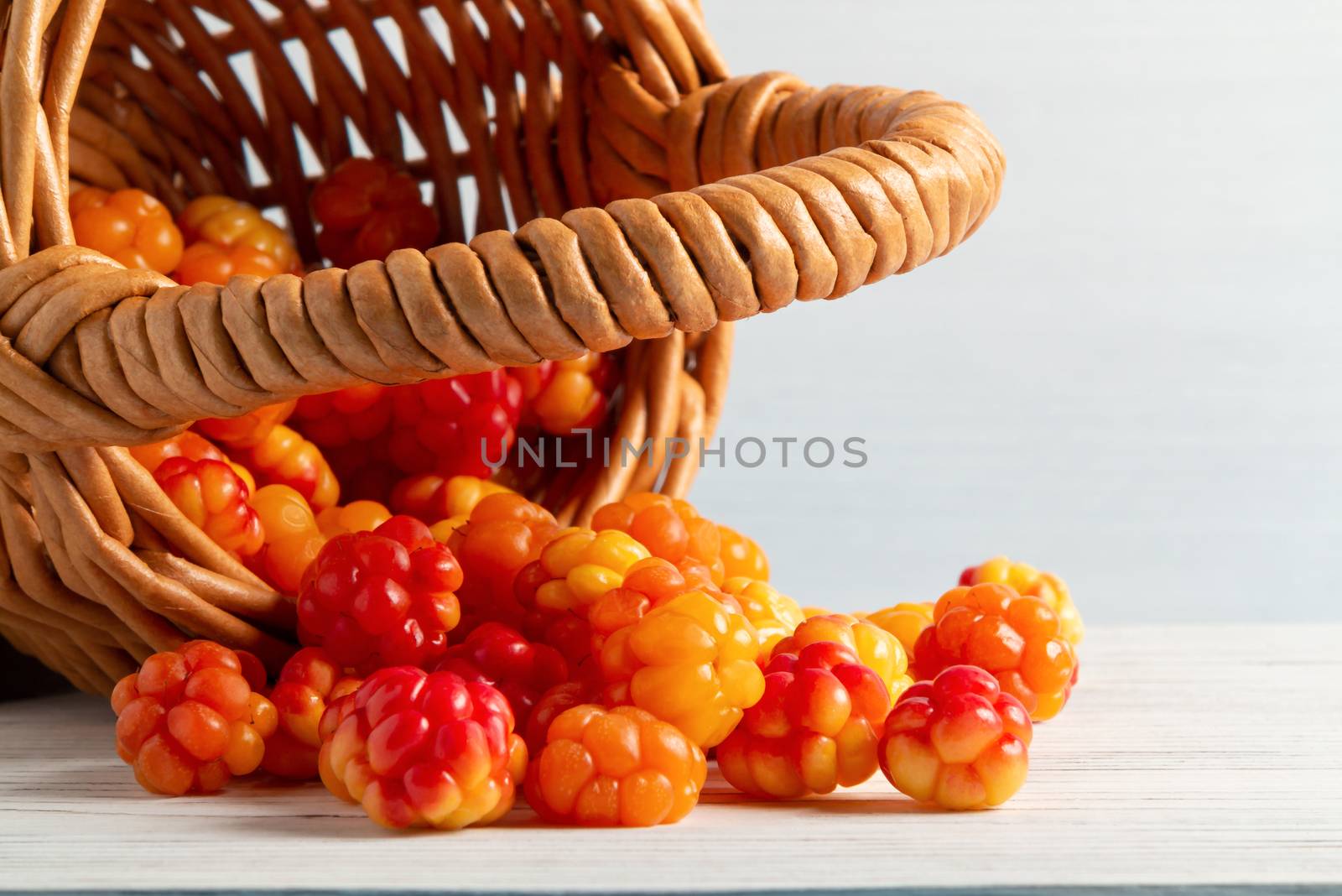 Handful of cloudberry berries poured from a small basket on an white wooden table close-up by galsand