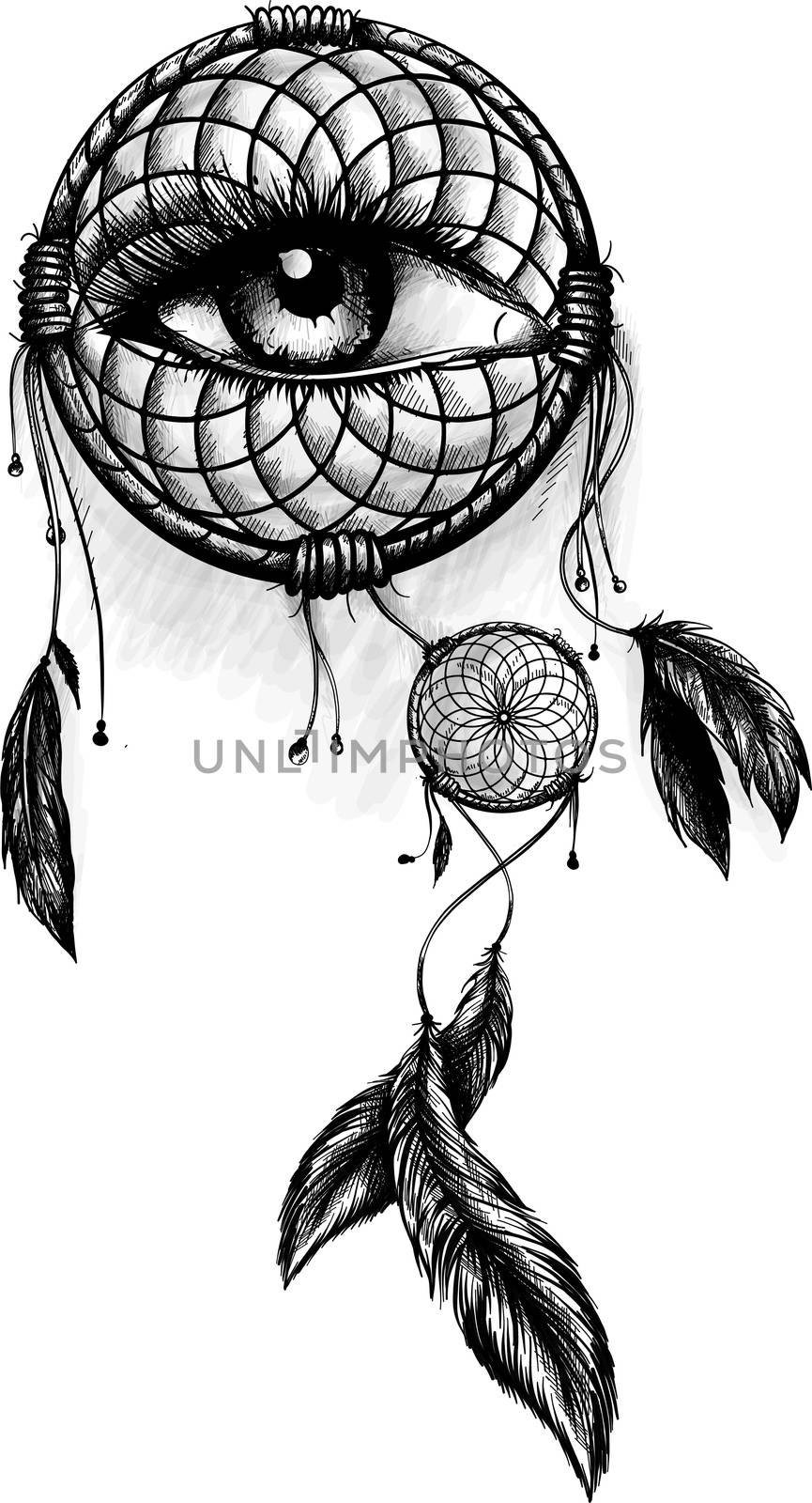 Fashion illustration with dream catcher and flowers. Hand drawn design by dean