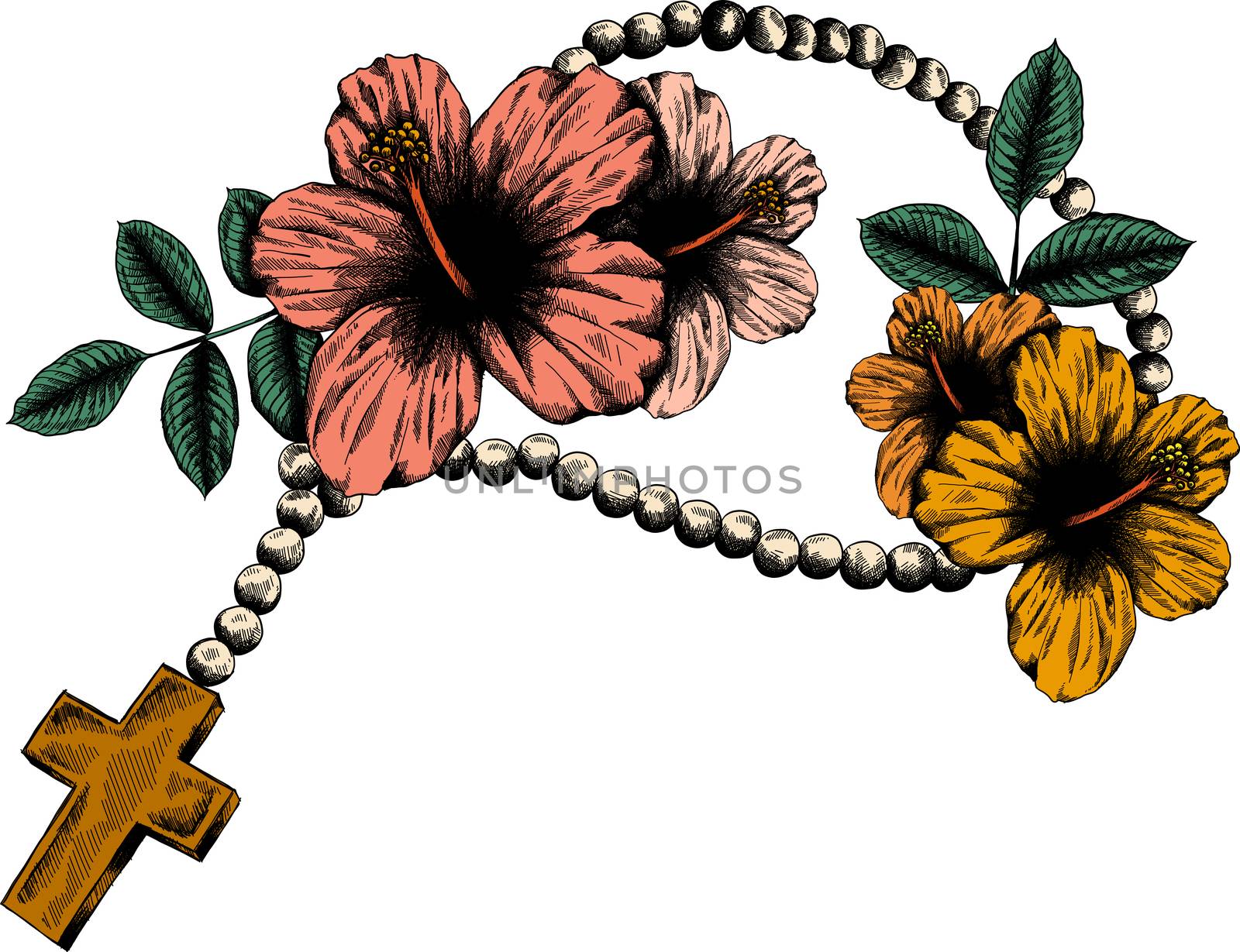 Holy rosary beads  illustration. Prayer Catholic chaplet with a cross icons isolated on white background.
