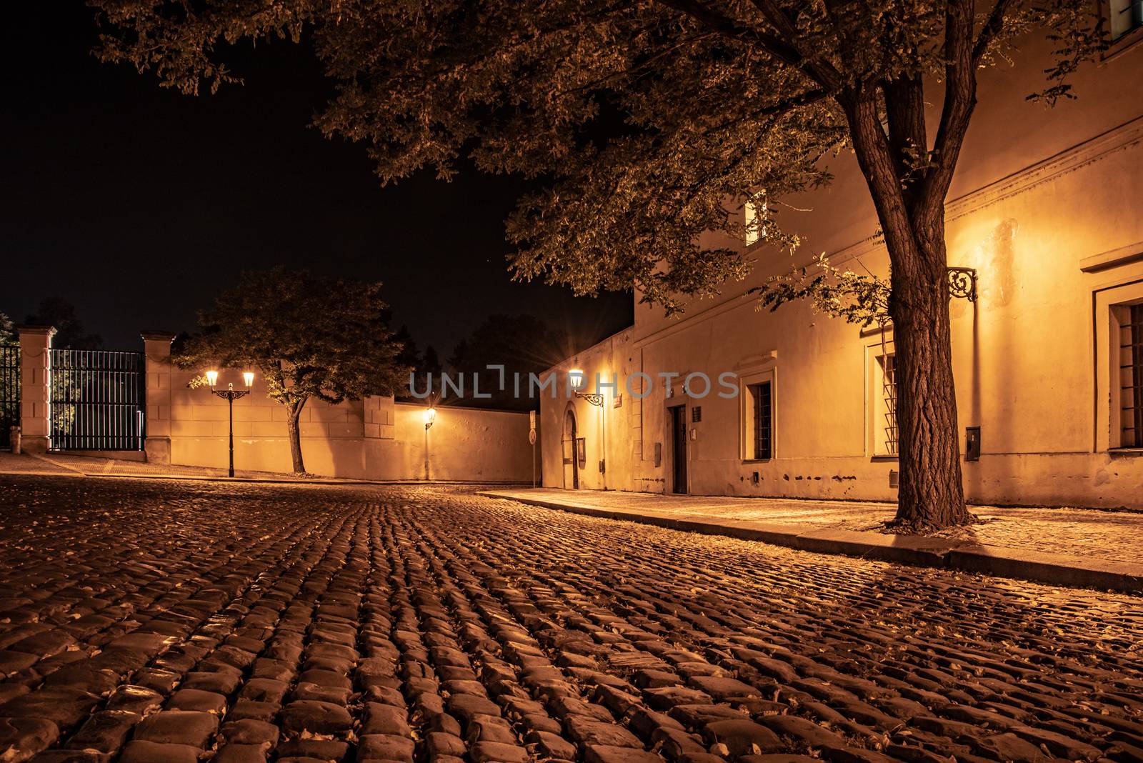 Narrow cobbled street in old medieval town with illuminated houses by vintage street lamps, Novy svet, Prague, Czech Republic. Night shot.