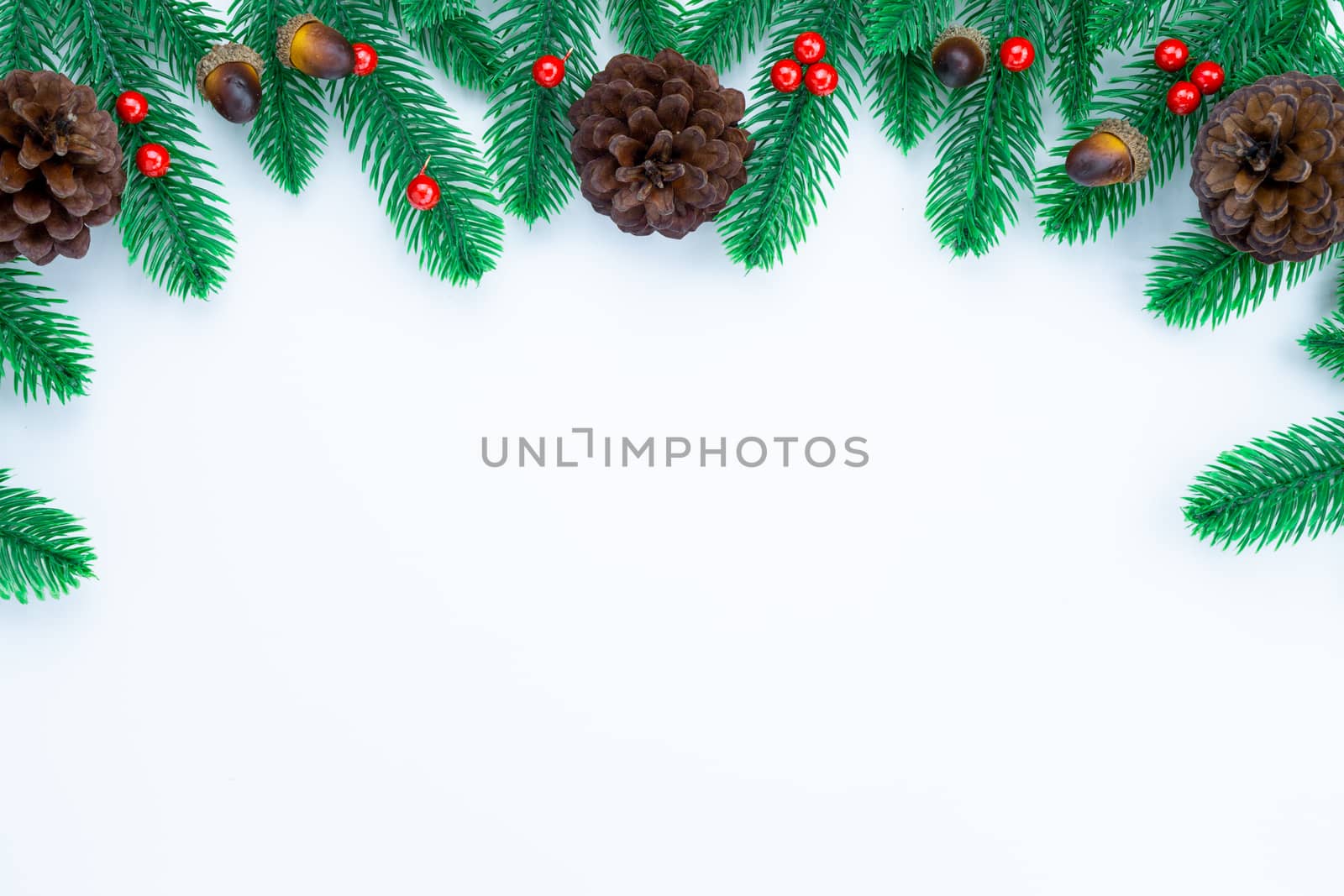 Christmas holidays composition, top view of red and gold Christmas decorations on white background with copy space for text. Flat lay, winter, postcard template, new year concept.