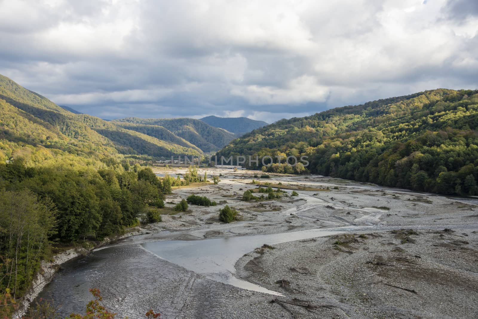 Shahe river and Caucasus mountains near Sochi, Russia. 2 November 2019.