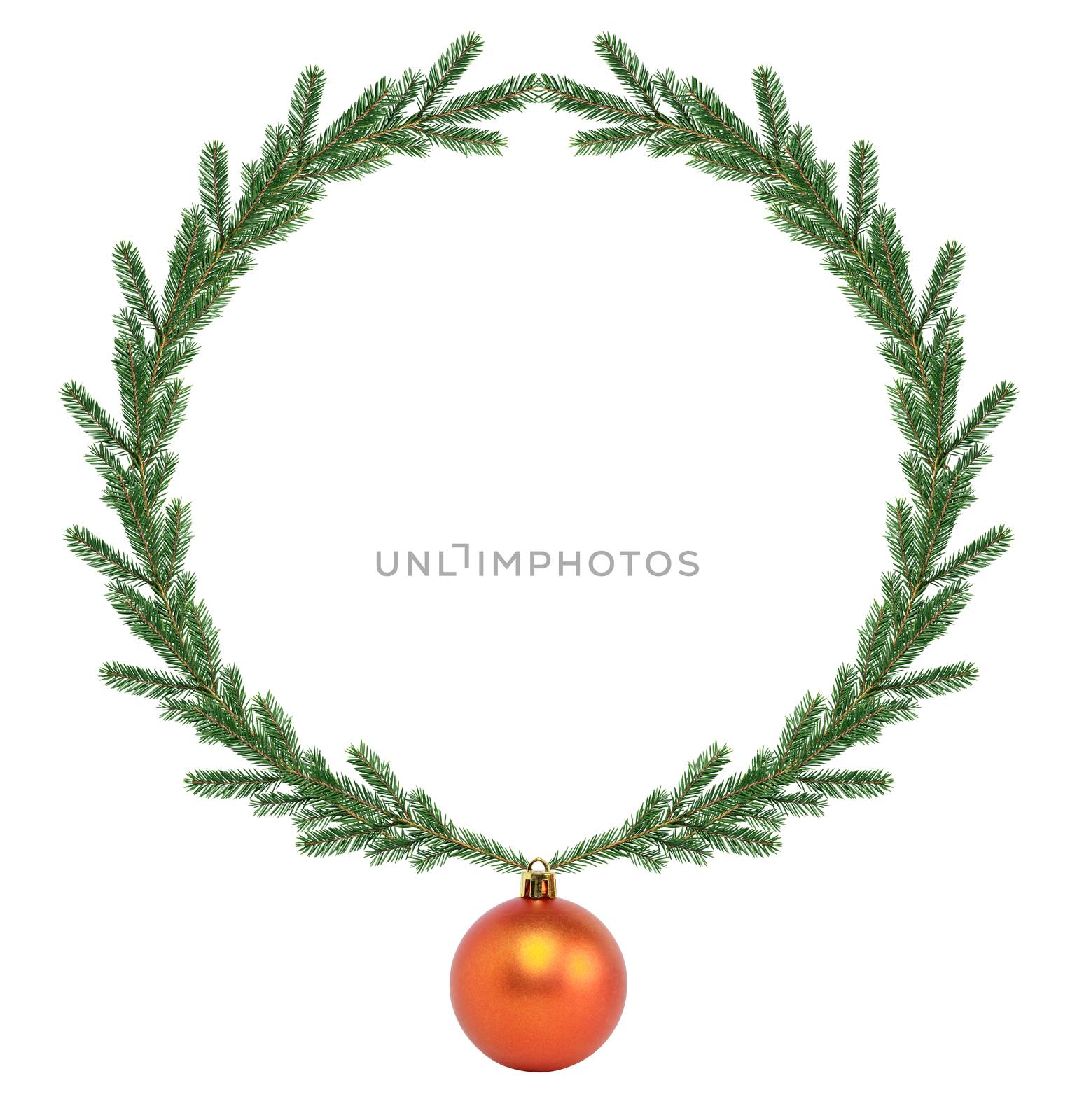 Christmas decoration. Fir twigs as border with Christmas ball on white background