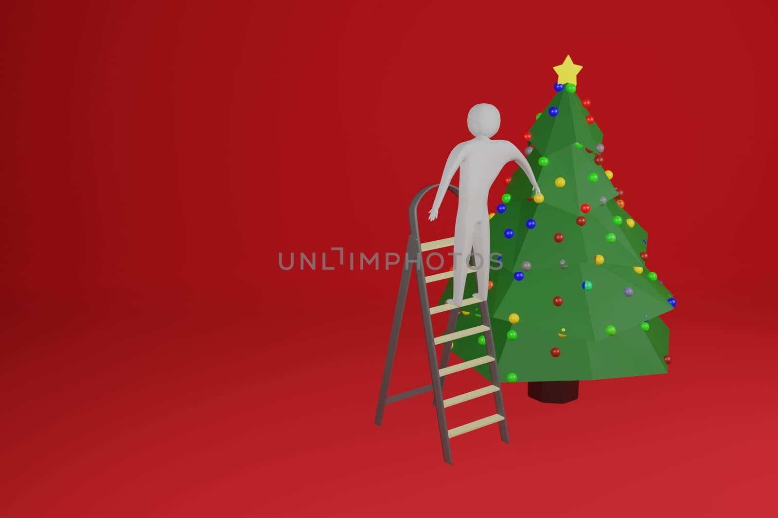 man decorating the Christmas tree with colored balls. Christmas concept