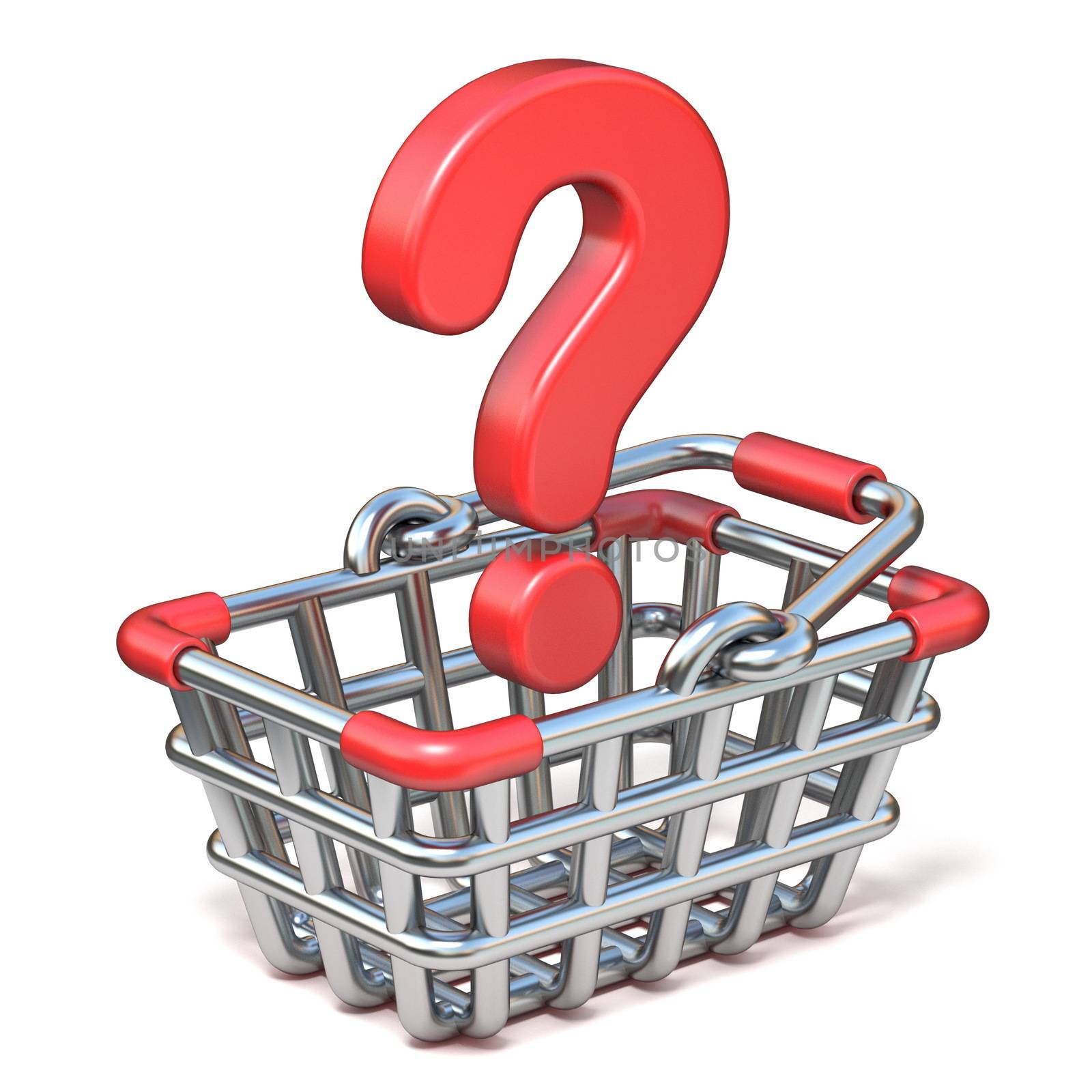 Shopping basket and red question mark 3D render illustration isolated on white background