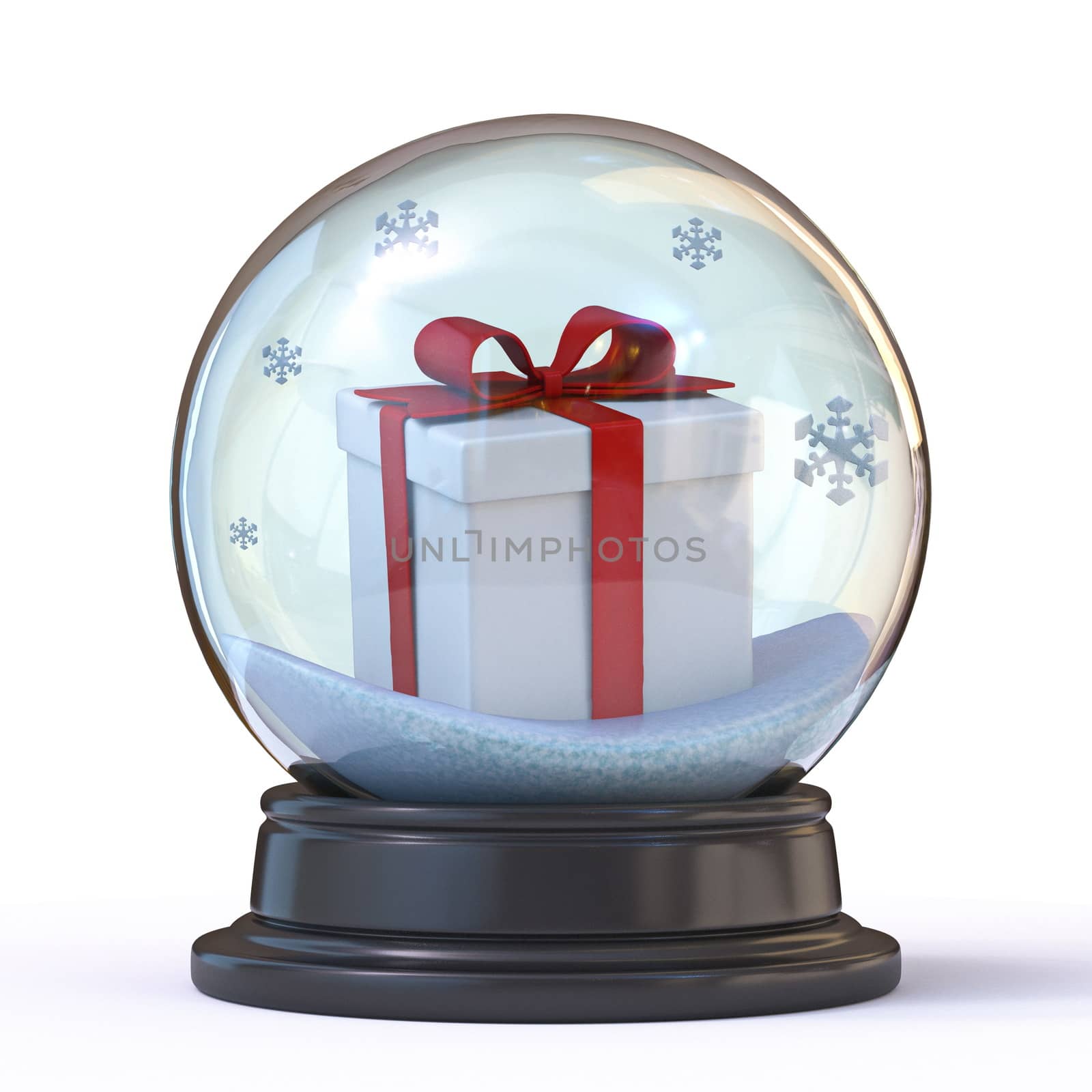 Snow ball with gift box 3D render illustration isolated on white background