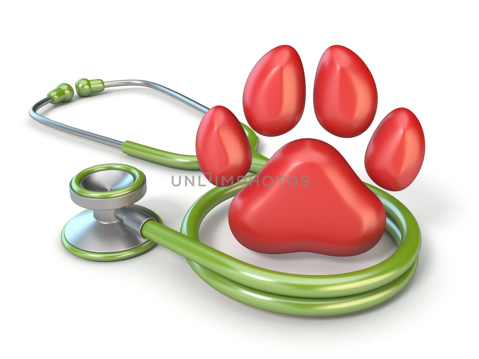 Green stethoscope and red paw 3D3D render illustration isolated on white background