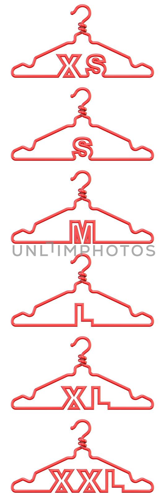 Wire cloth hangers with size signs XS, S, M, L, XL and XXL 3D render illustration isolated on white background