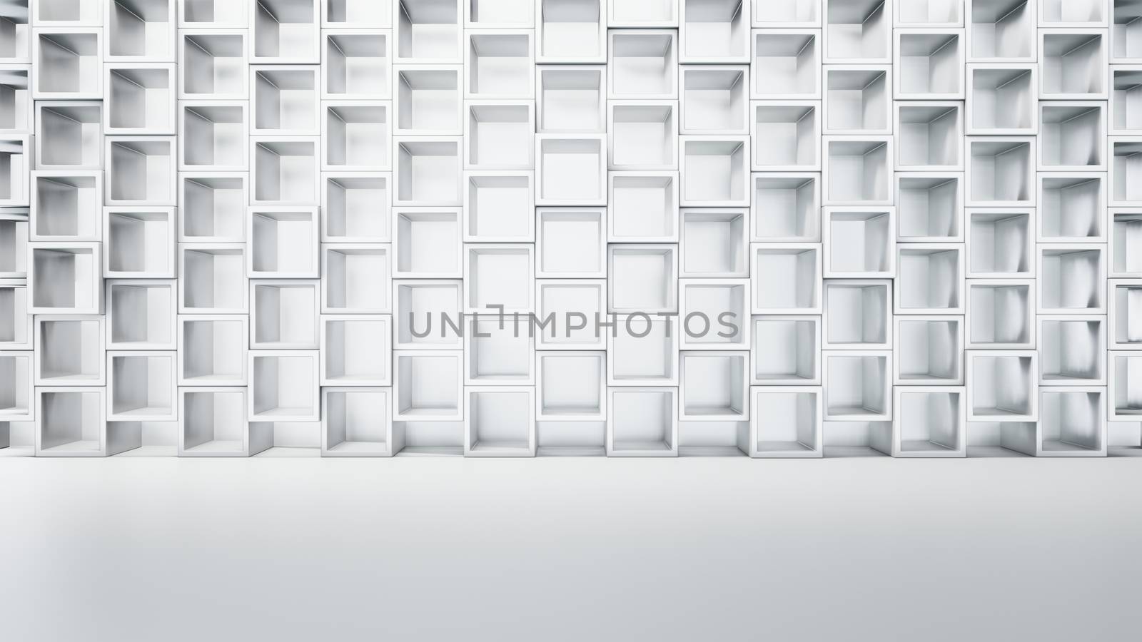 Empty white interior with cube shelves on the wall, 3D rendering