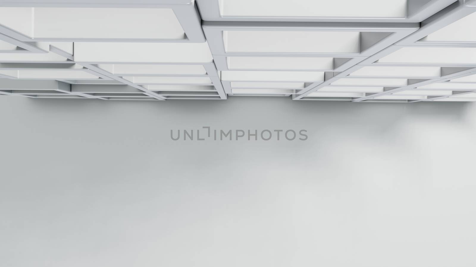 Empty white interior with cube shelves on the wall, 3D rendering