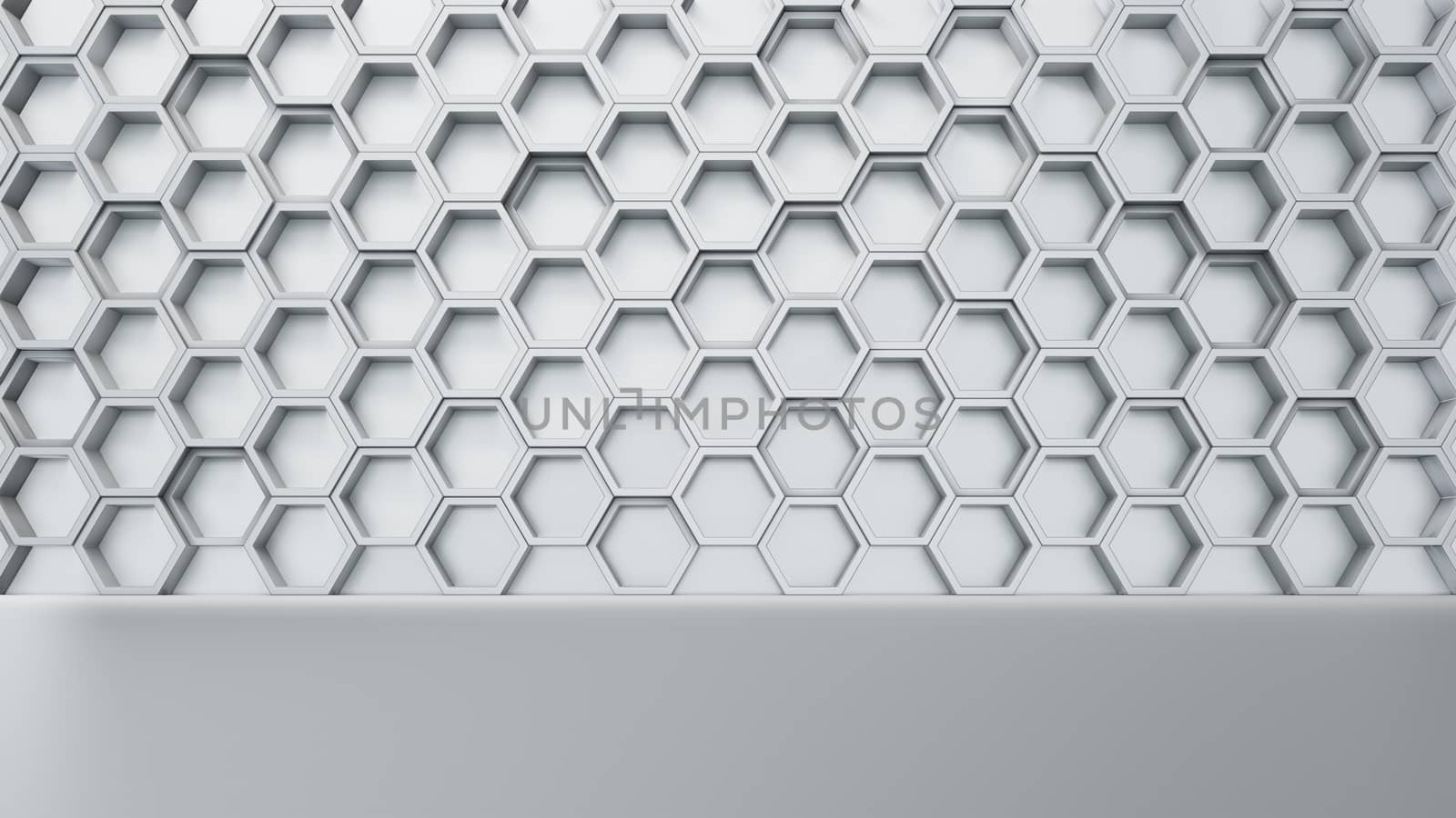 Empty white interior with hexagon shelves on the wall by cherezoff