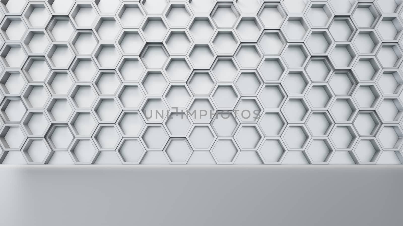 Empty white interior with hexagon shelves on the wall, 3D rendering