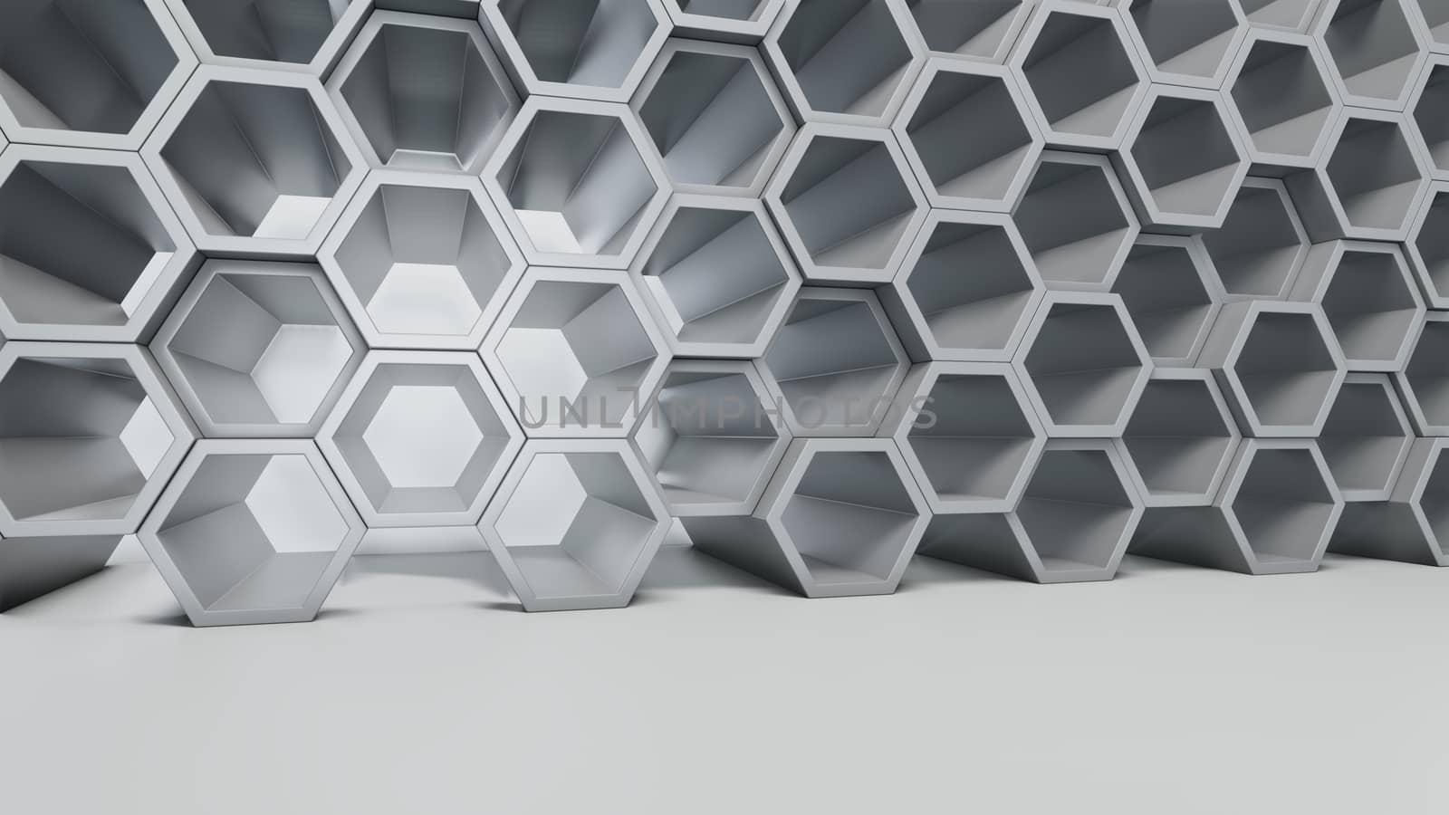 Empty white interior with hexagon shelves on the wall by cherezoff