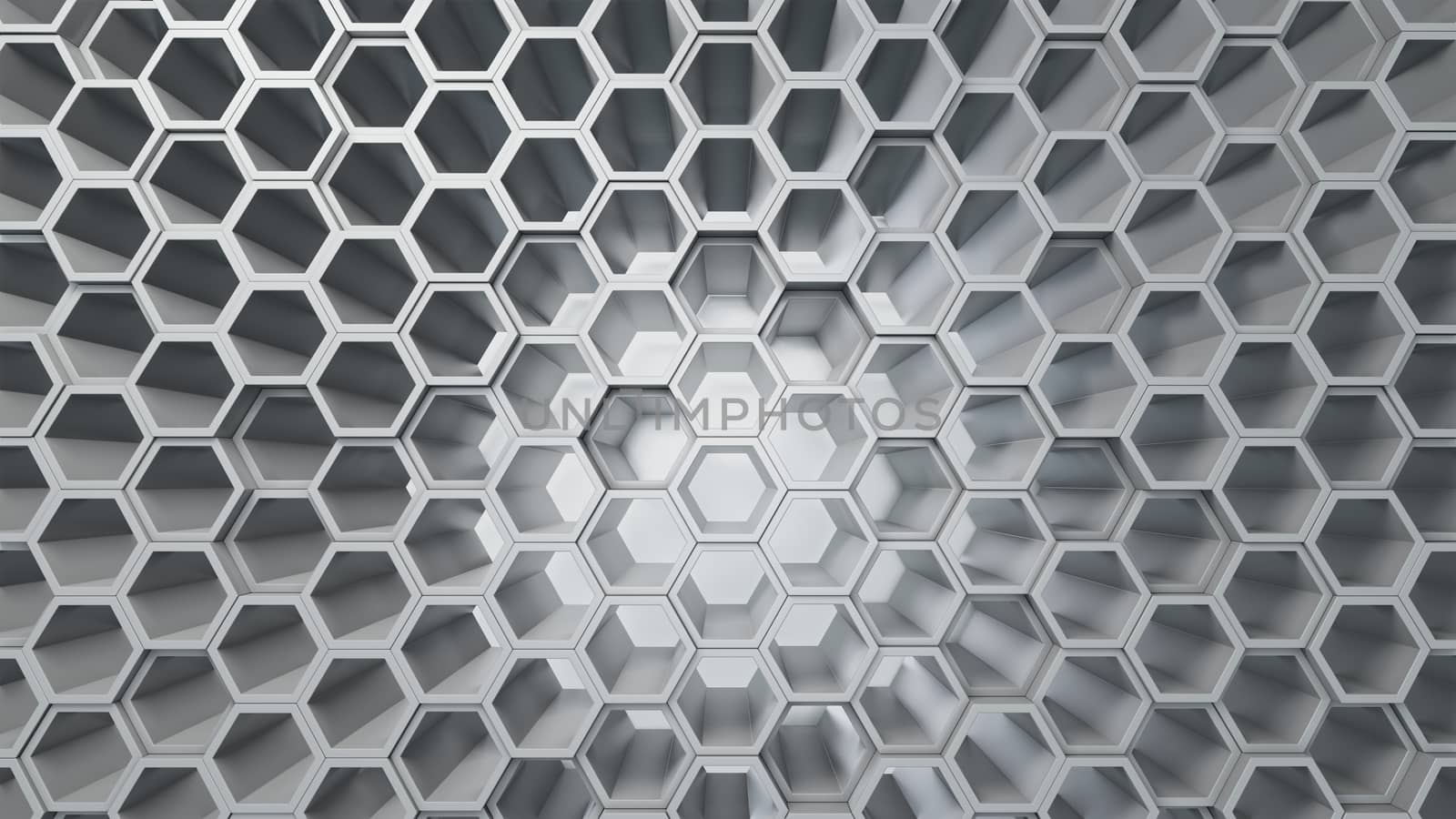 Empty white interior with hexagon shelves on the wall, 3D rendering