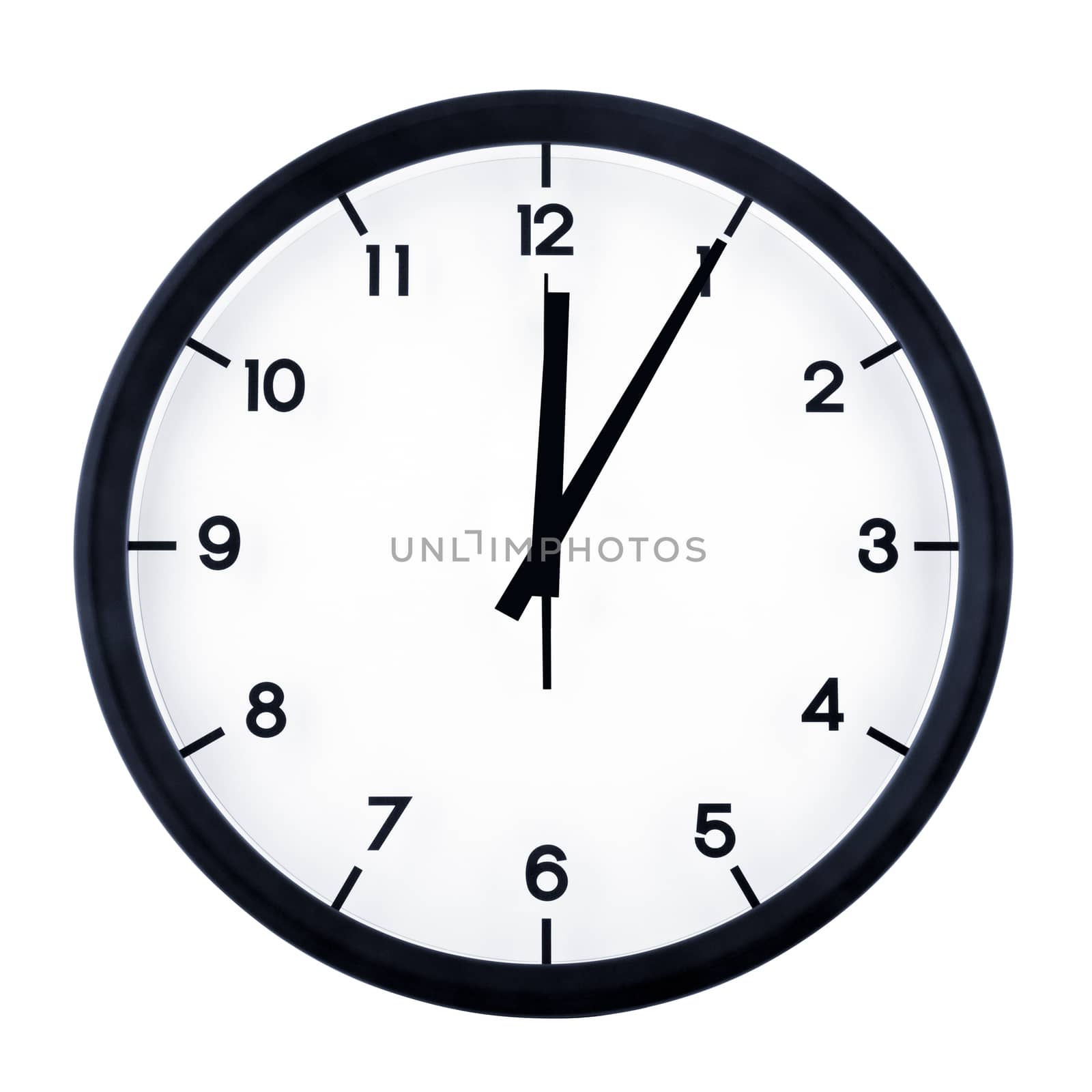 Classic analog clock pointing at twelve O five, isolated on white background.