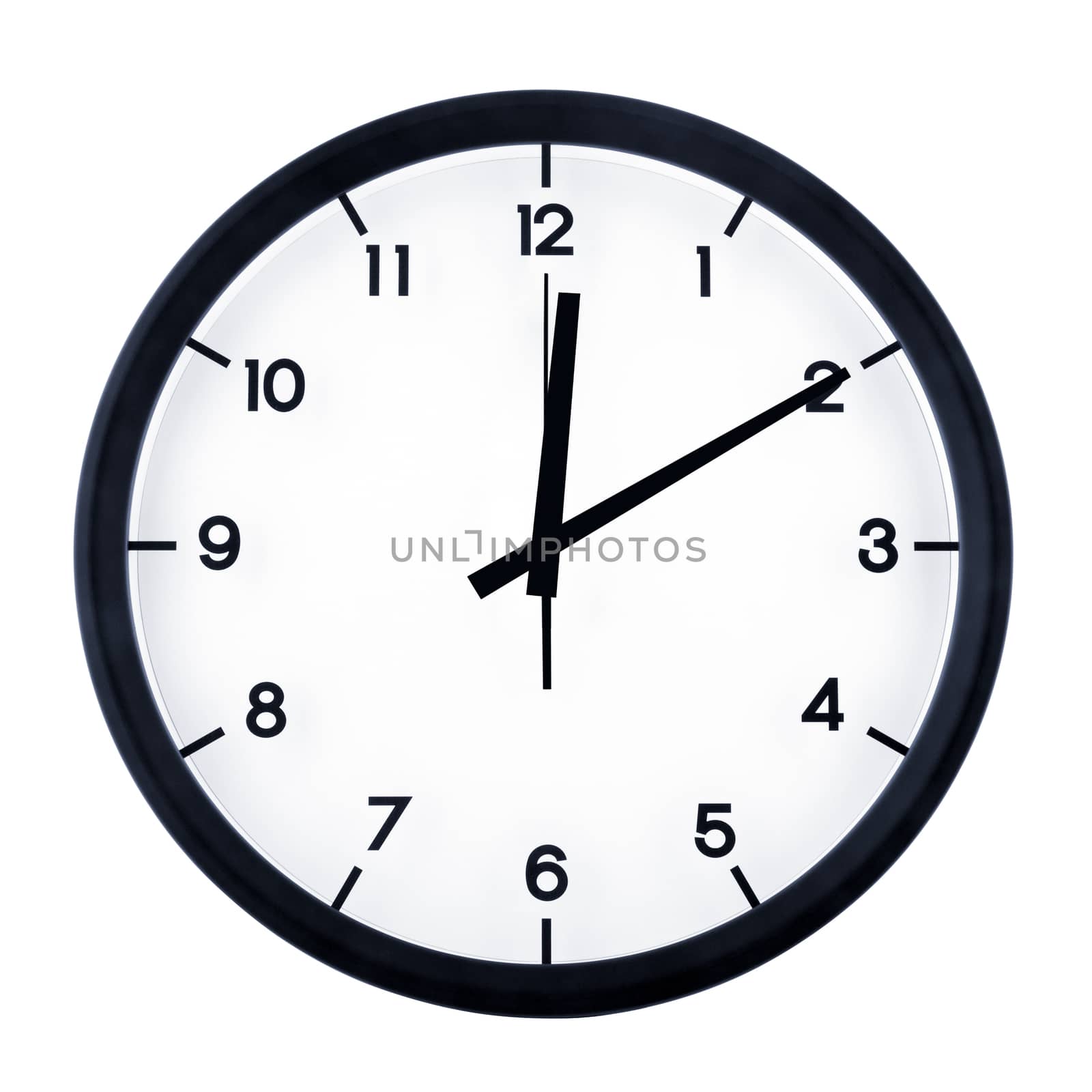 Classic analog clock pointing at twelve ten, isolated on white background.