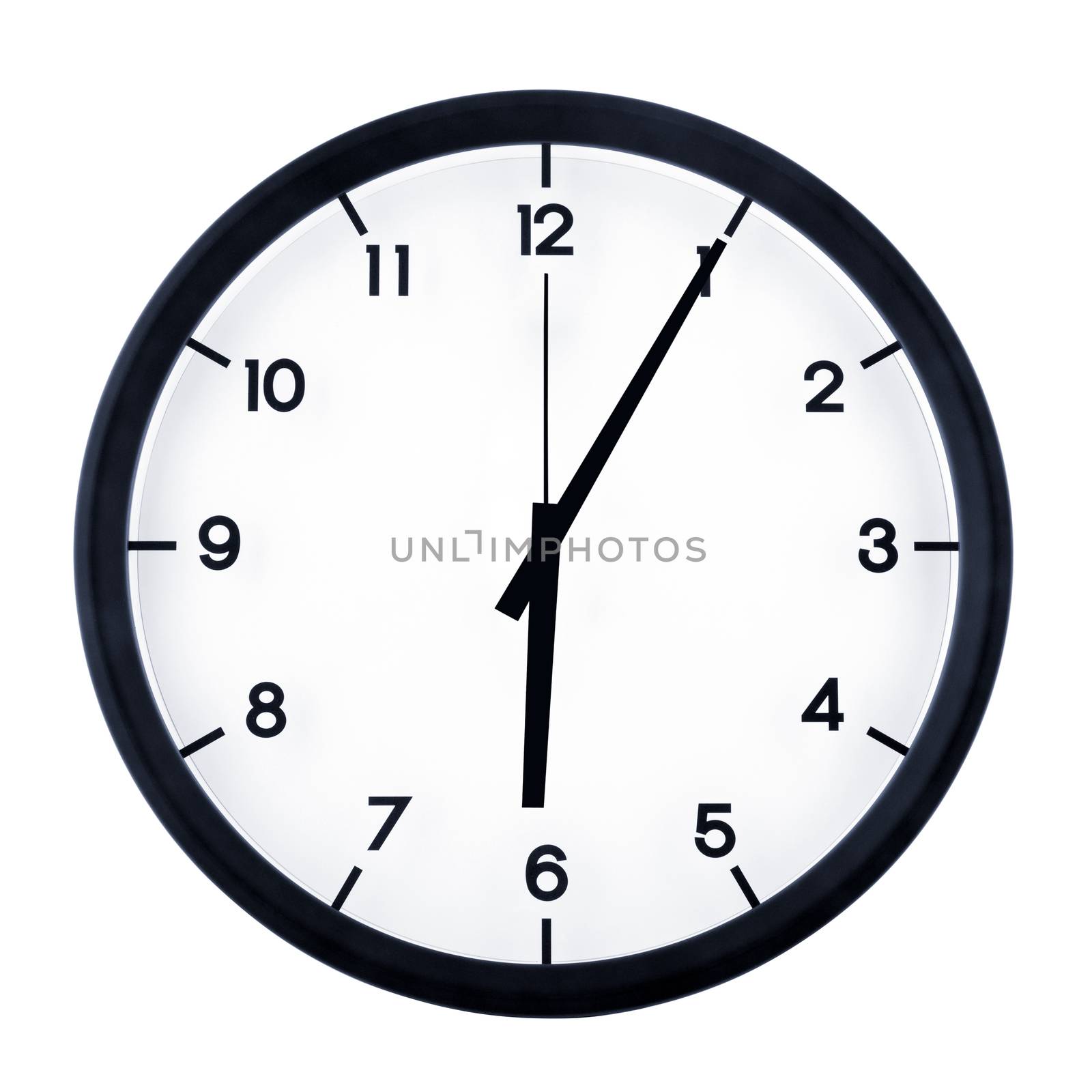 Classic analog clock pointing at six O five, isolated on white background.