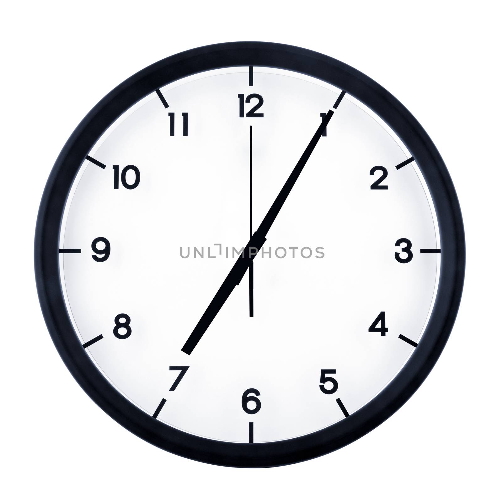 Classic analog clock pointing at seven O five, isolated on white background.