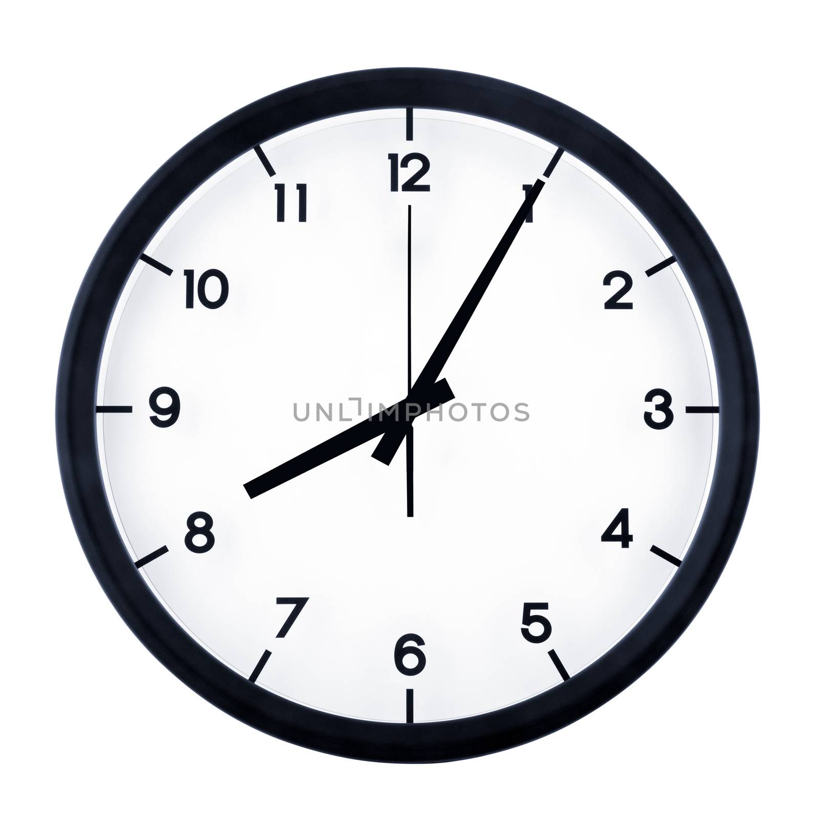 Classic analog clock pointing at eight O five, isolated on white background.