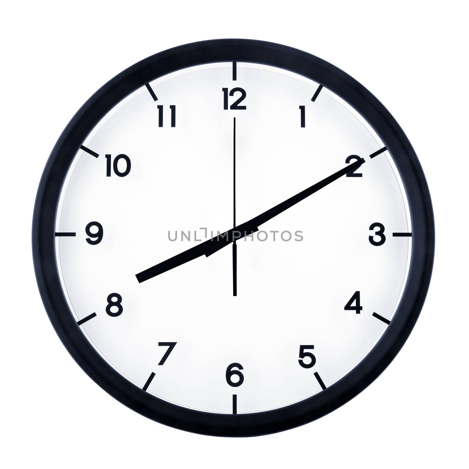 Classic analog clock pointing at eight ten, isolated on white background.