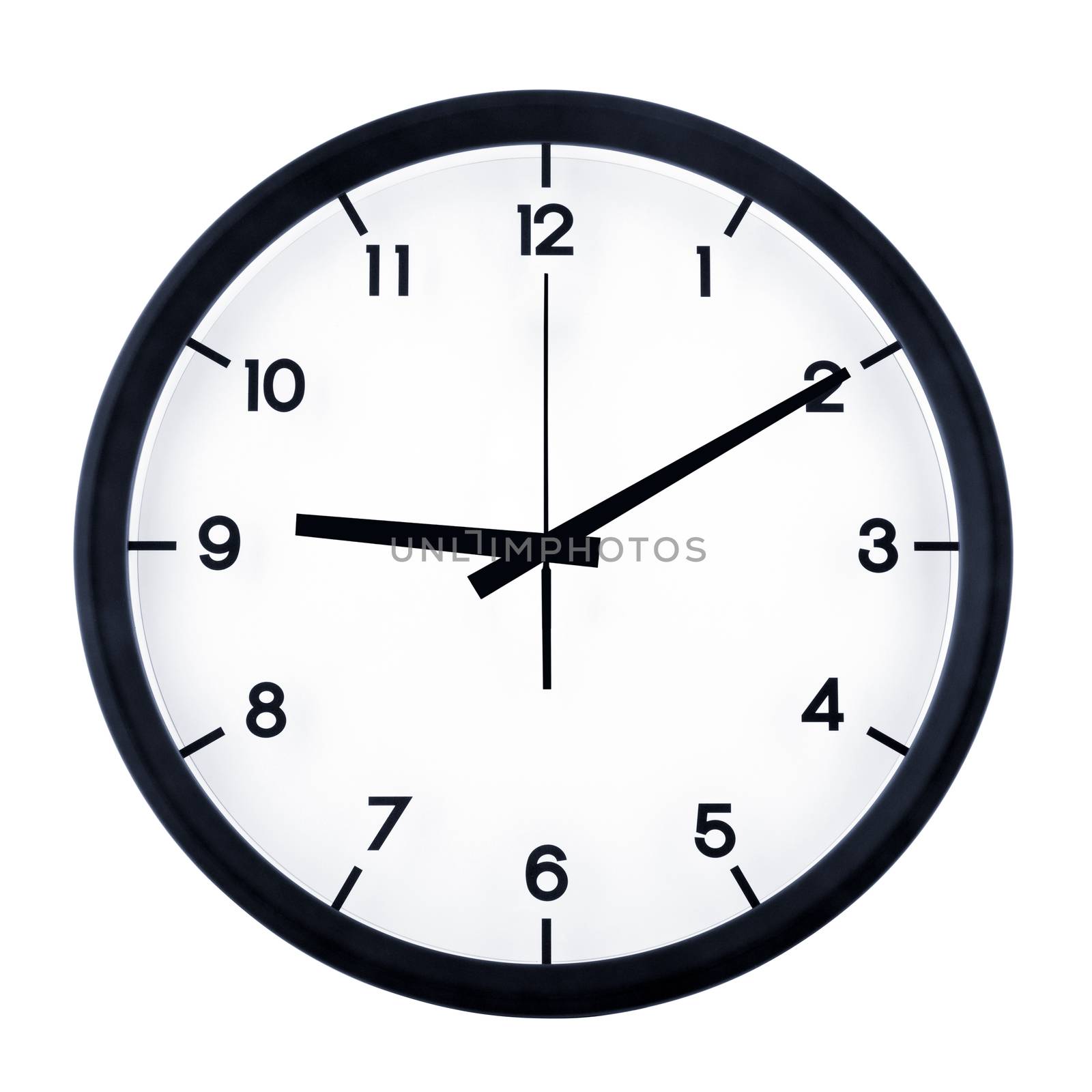 Classic analog clock pointing at nine ten, isolated on white background.