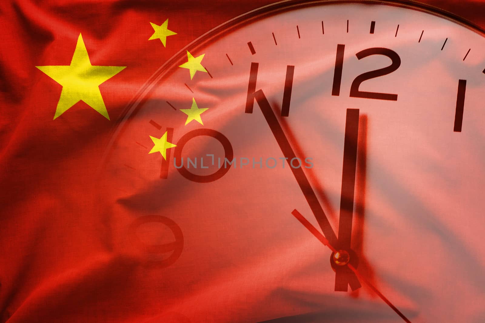Double exposure of red Chinese flag and clock-face