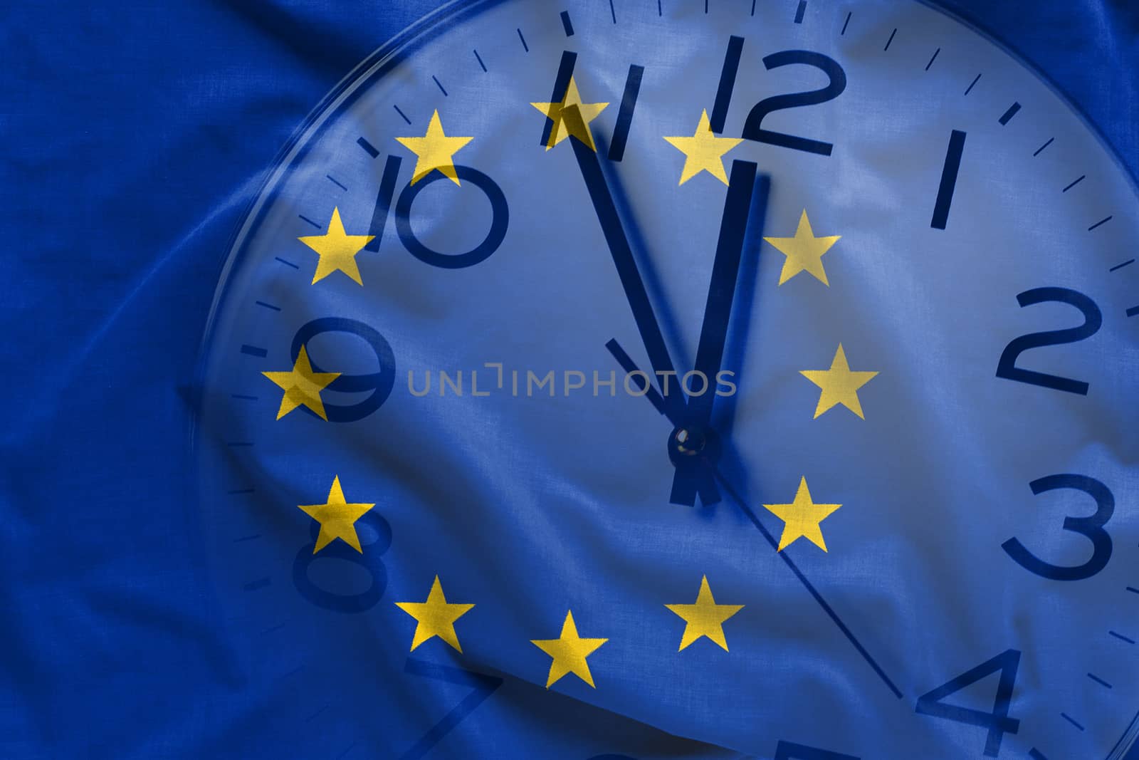 Double exposure of clock and blue flag of European Union