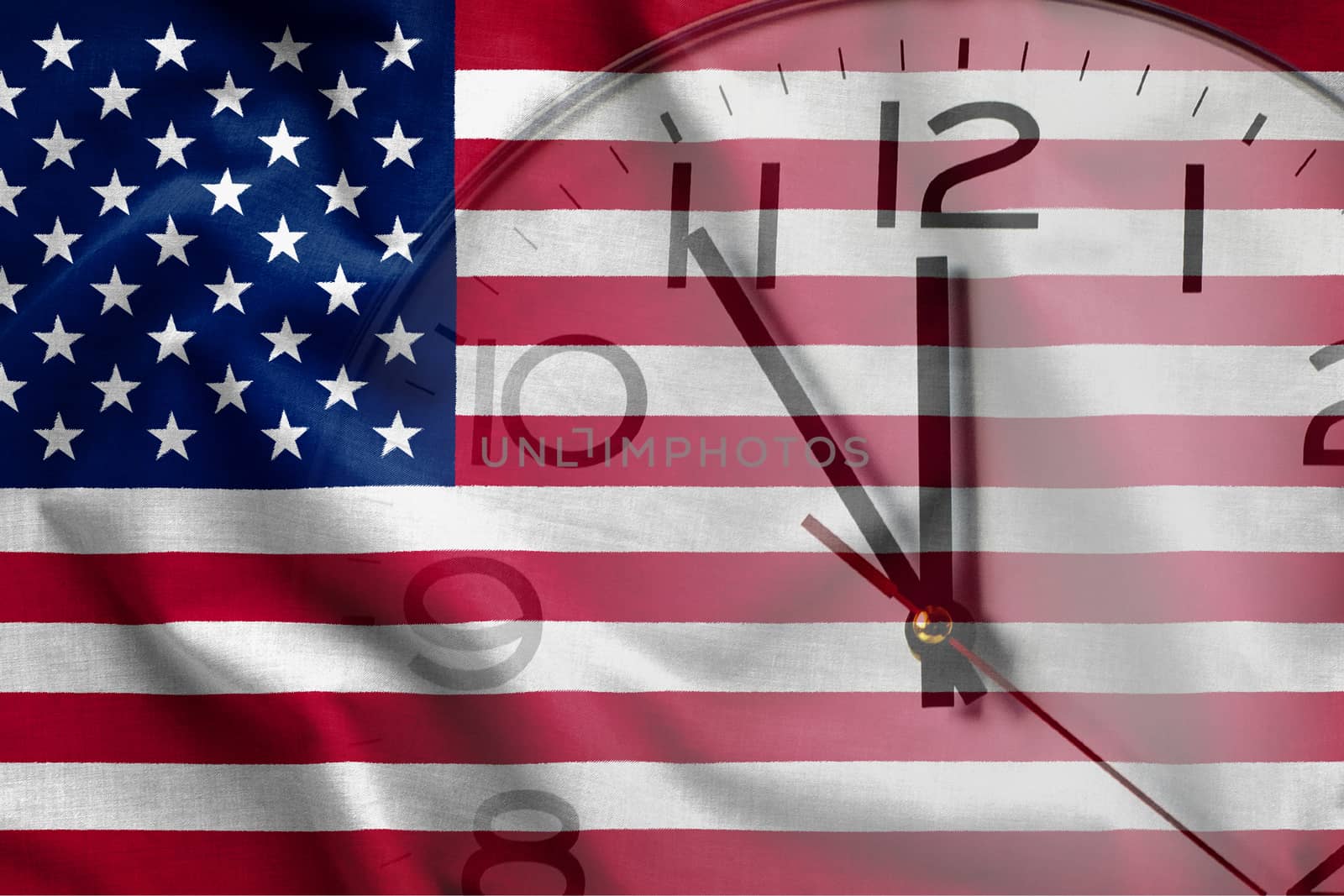 Double exposure of USA flag and clock-face showing time