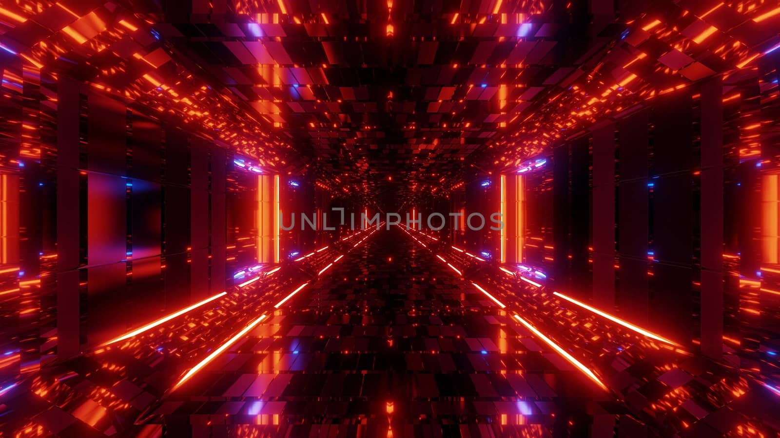 future scifi bricks textured hangar tunnel corridor with nice glowing lights and reflections 3d illustration wallpaper background, endless glowing light 3d rendering design