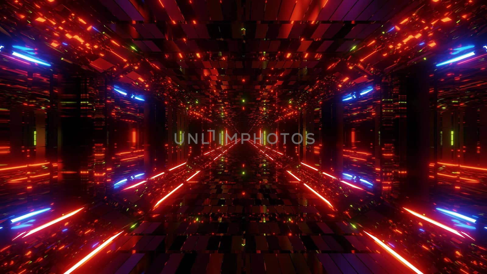 future scifi bricks textured hangar tunnel corridor with nice glowing lights and reflections 3d illustration wallpaper background, endless glowing light 3d rendering design