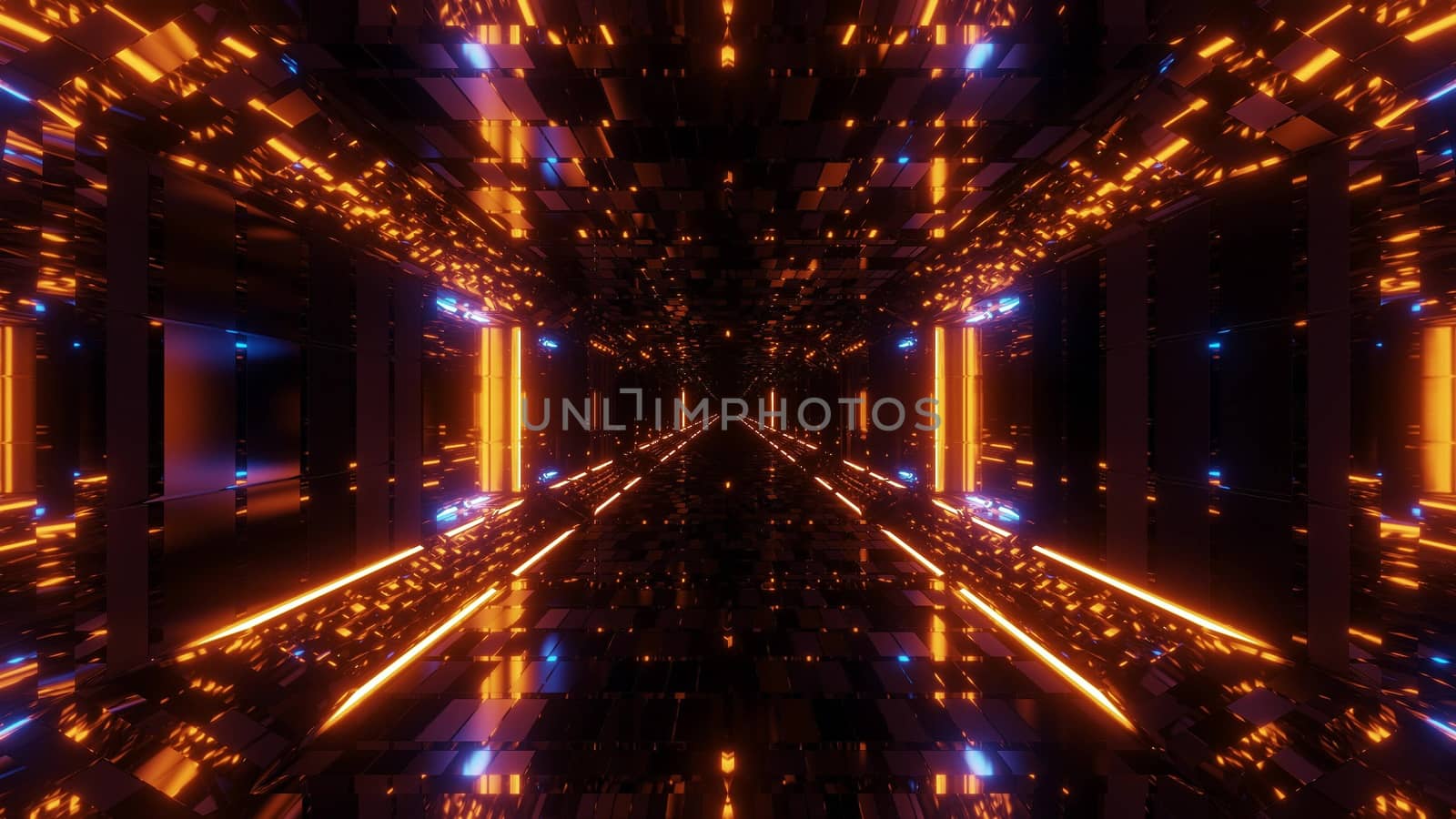 future scifi bricks textured hangar tunnel corridor with nice glowing lights and reflections 3d illustration wallpaper background, endless glowing light 3d rendering design