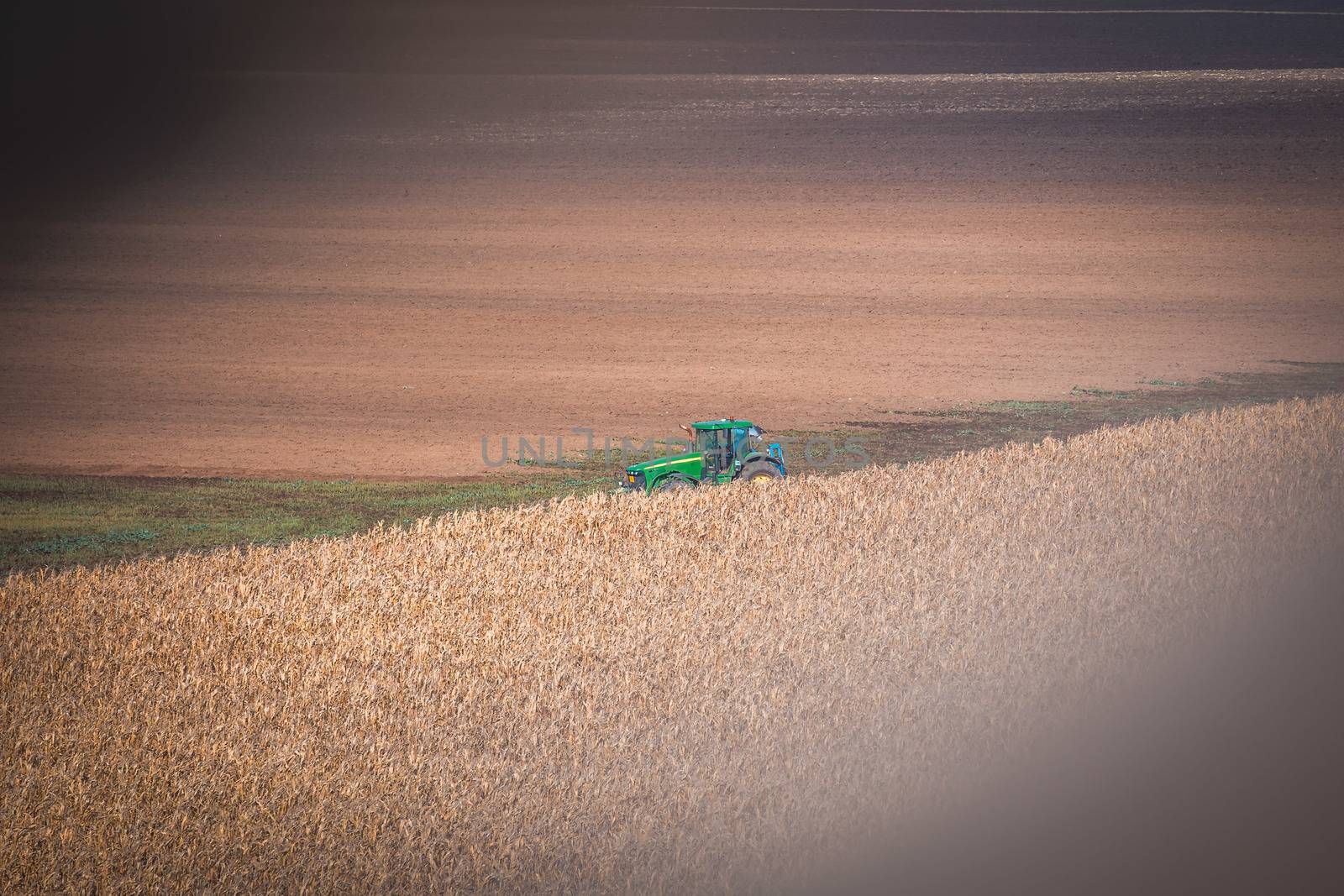Agricultural farmers use tractors to plow and lift the soil to be high in growing plants in arid areas, far from water sources. Image shot from far away. by petrsvoboda91