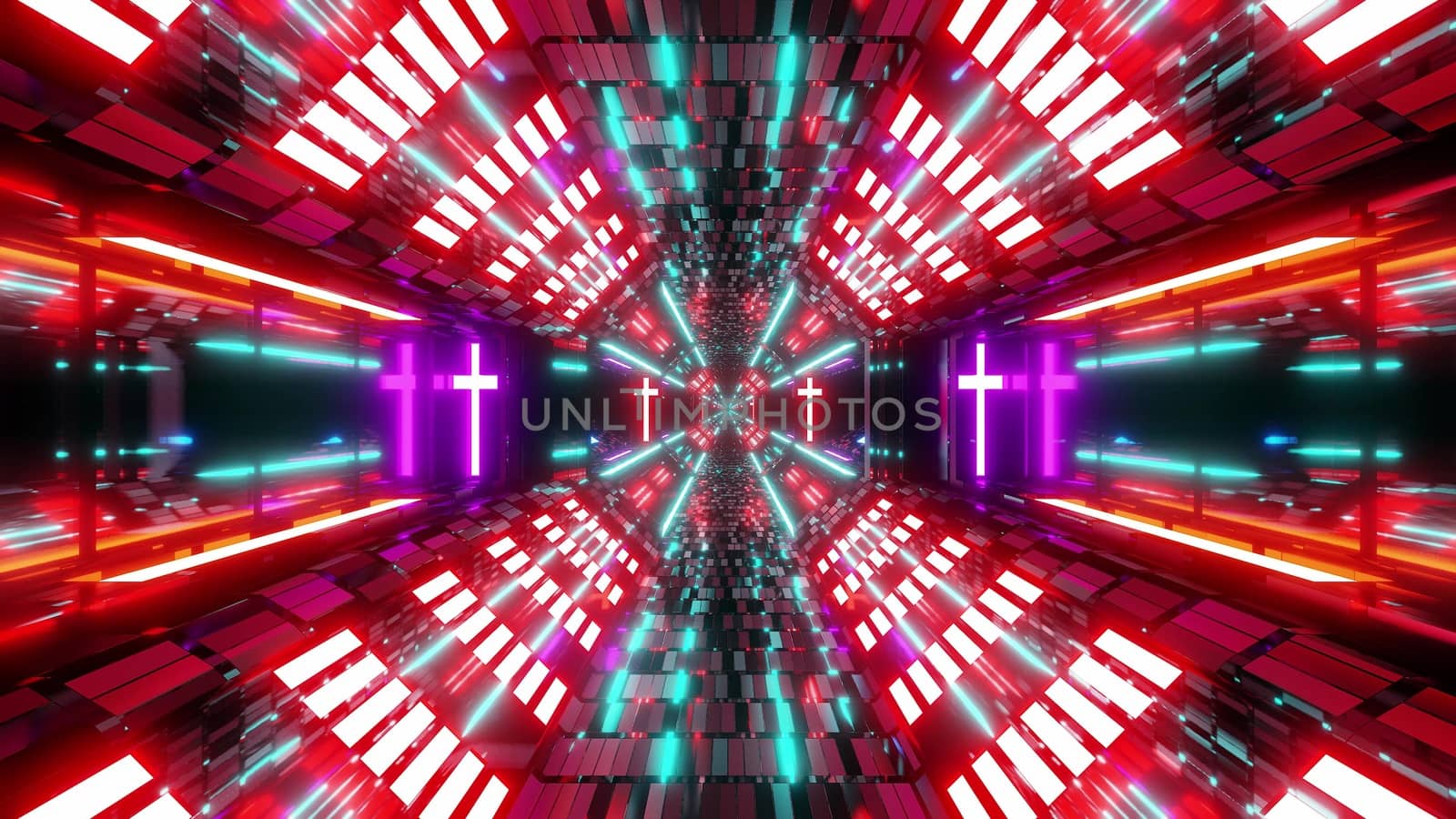 glowing futuristic scifi tunnel corridor with holy glowing christian cross symbol 3d illustration background wallpaper by tunnelmotions