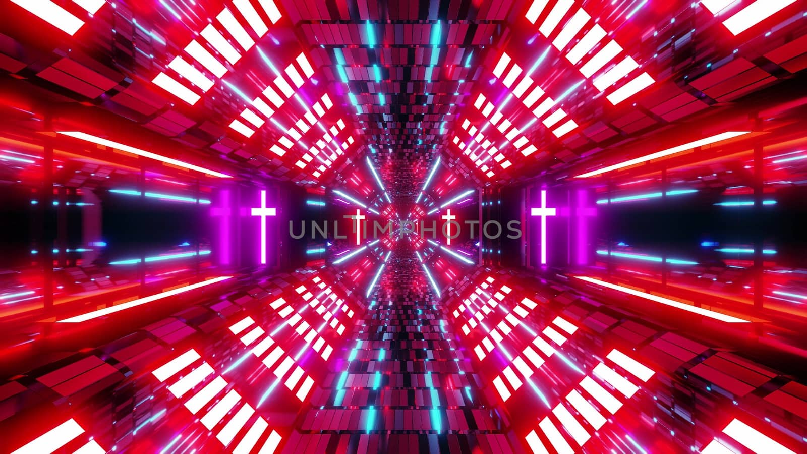 glowing futuristic scifi tunnel corridor with holy glowing christian cross symbol 3d illustration background wallpaper, nice textured sci-fi hangar 3d rendering design
