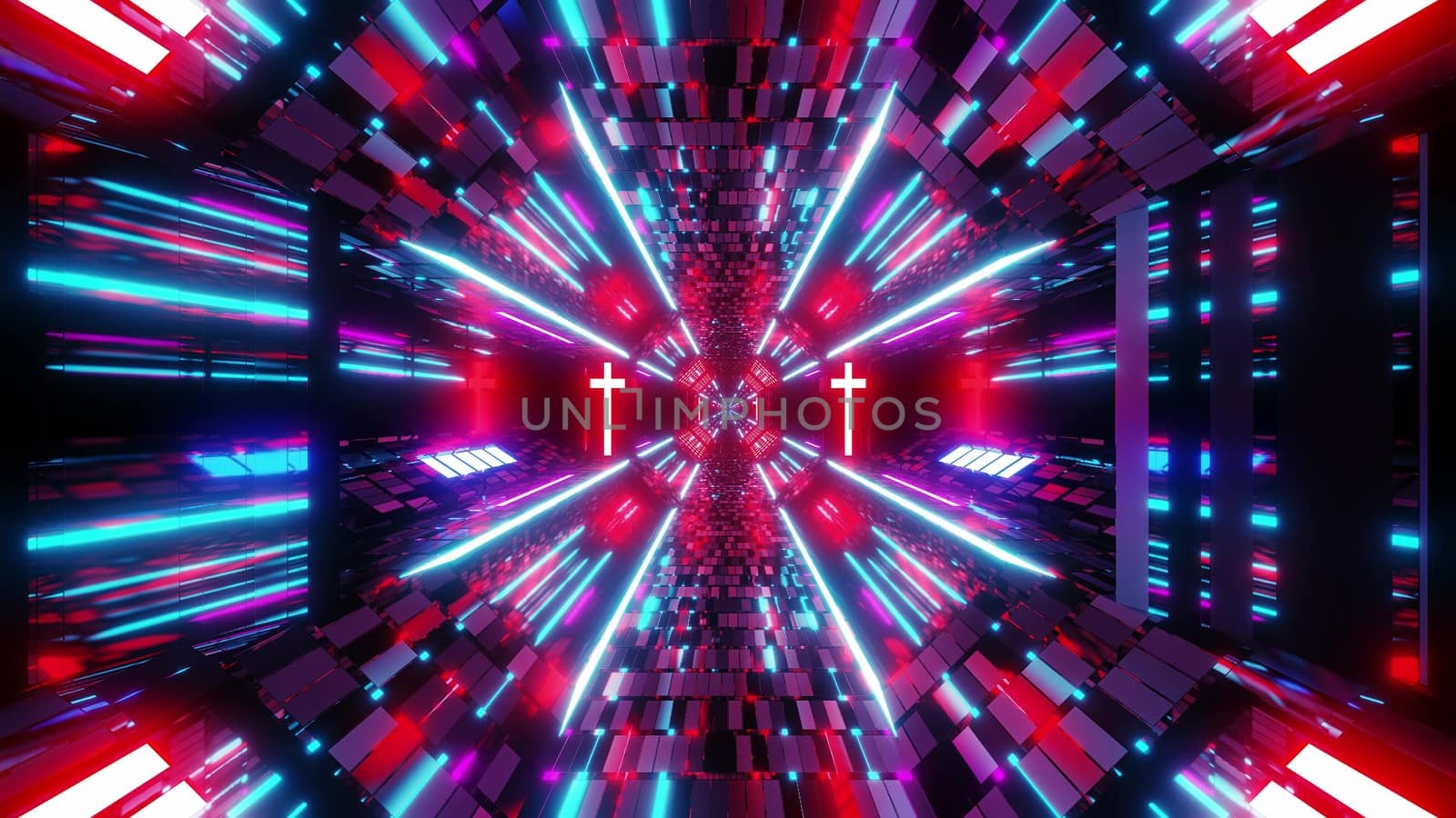 glowing futuristic scifi tunnel corridor with holy glowing christian cross symbol 3d illustration background wallpaper by tunnelmotions