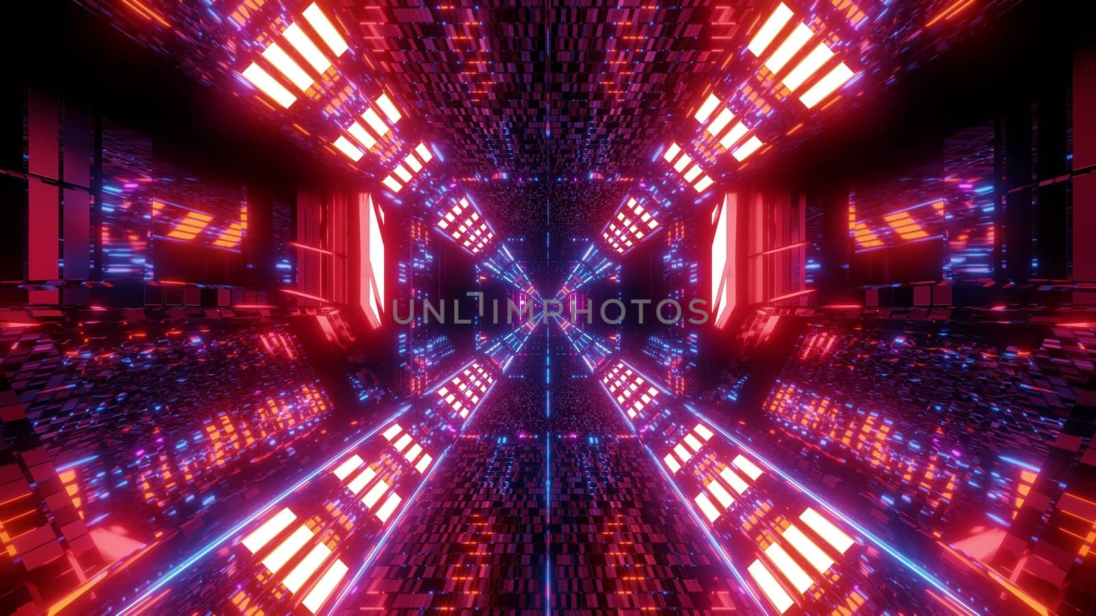 high reflective bricks textured futuristic sc-fi tunnel corridor with holy glowing christian cross symbol 3d rendering wallpaper background, technical textured scifi hangar with endless lights 3d illustration