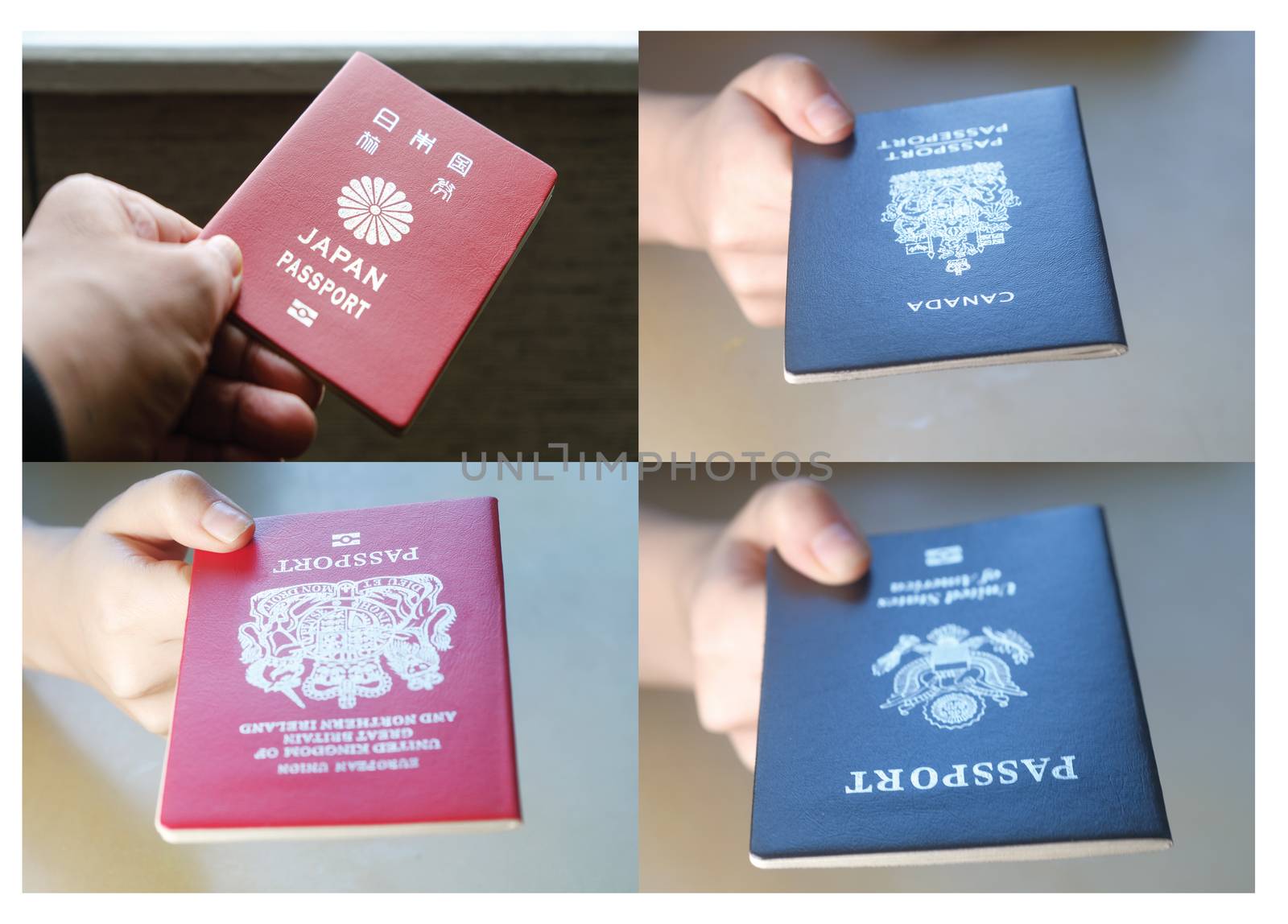 Set photo of Persons hands holding passports of United States, Canada, Japan and  Great Britain collection on white background.