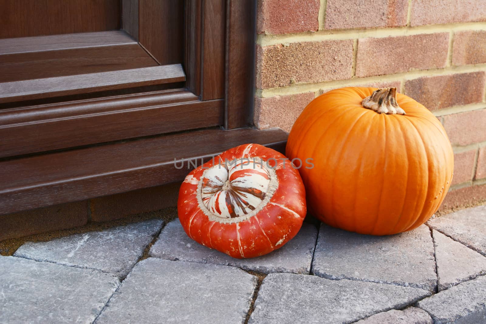 Turks Turban gourd and an orange pumpkin as autumnal decoration on a stone doorstep with copy space