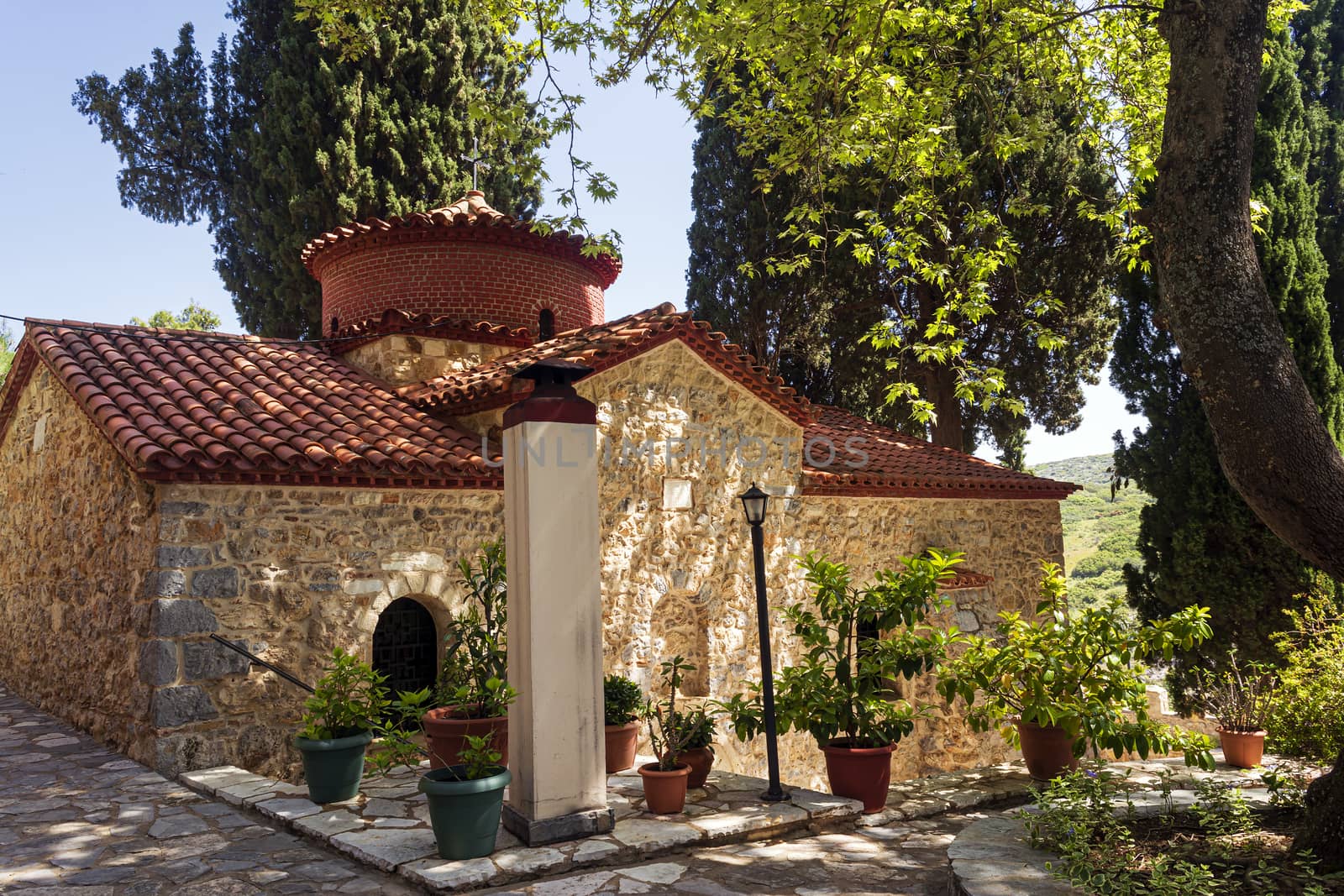 Small church in the Orthodox monastery Moni Agiou Ioanni Theologou, Greece. In the village of Vagia, near Thebes, is the post-Byzantine monastery of Saint John Theologos.