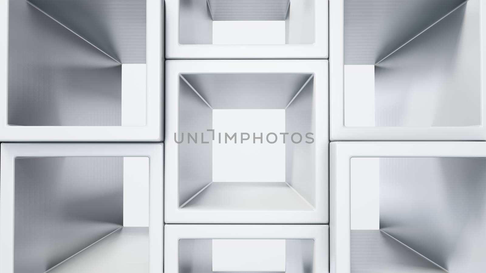 Empty white interior with cube shelves on the wall by cherezoff