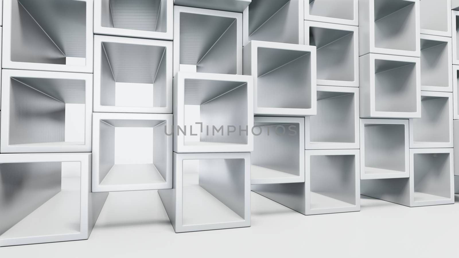 Empty white interior with cube shelves on the wall by cherezoff