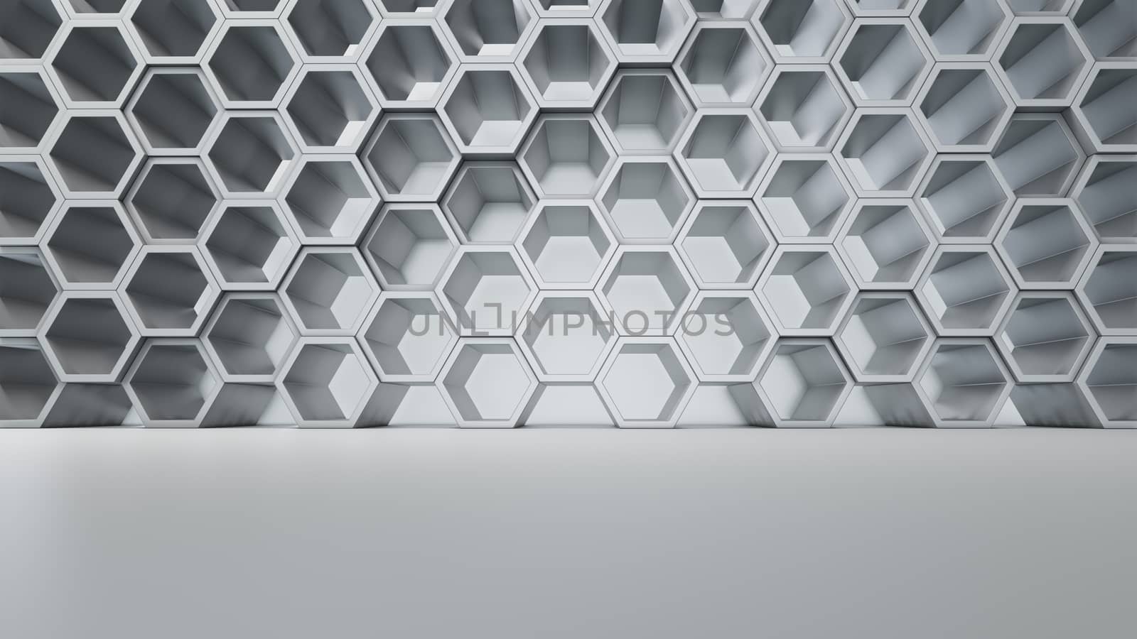 Empty white interior with hexagon shelves on the wall by cherezoff