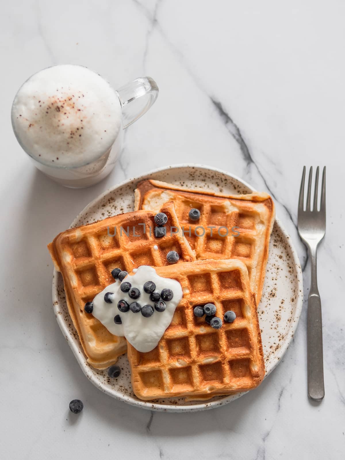 Breakfast belgian waffles, cappuccino. Copy space by fascinadora