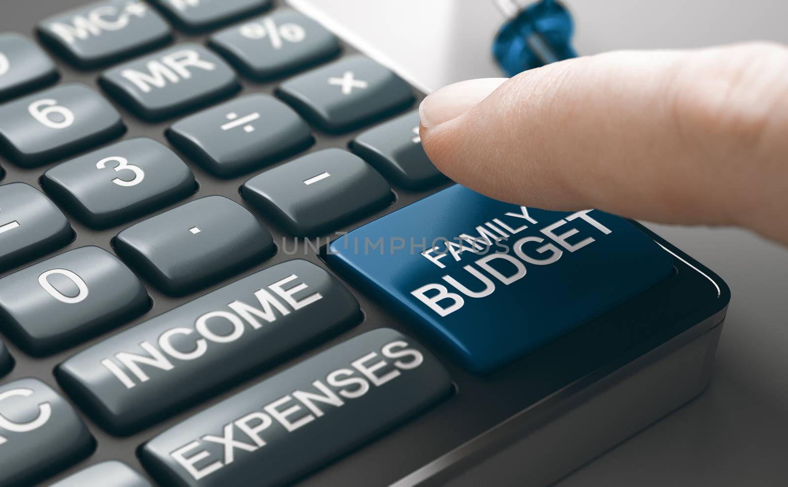 Conceptual calculator with income, expenses and a finger about to press family budget button. Composite image between a hand photography and a 3D background.