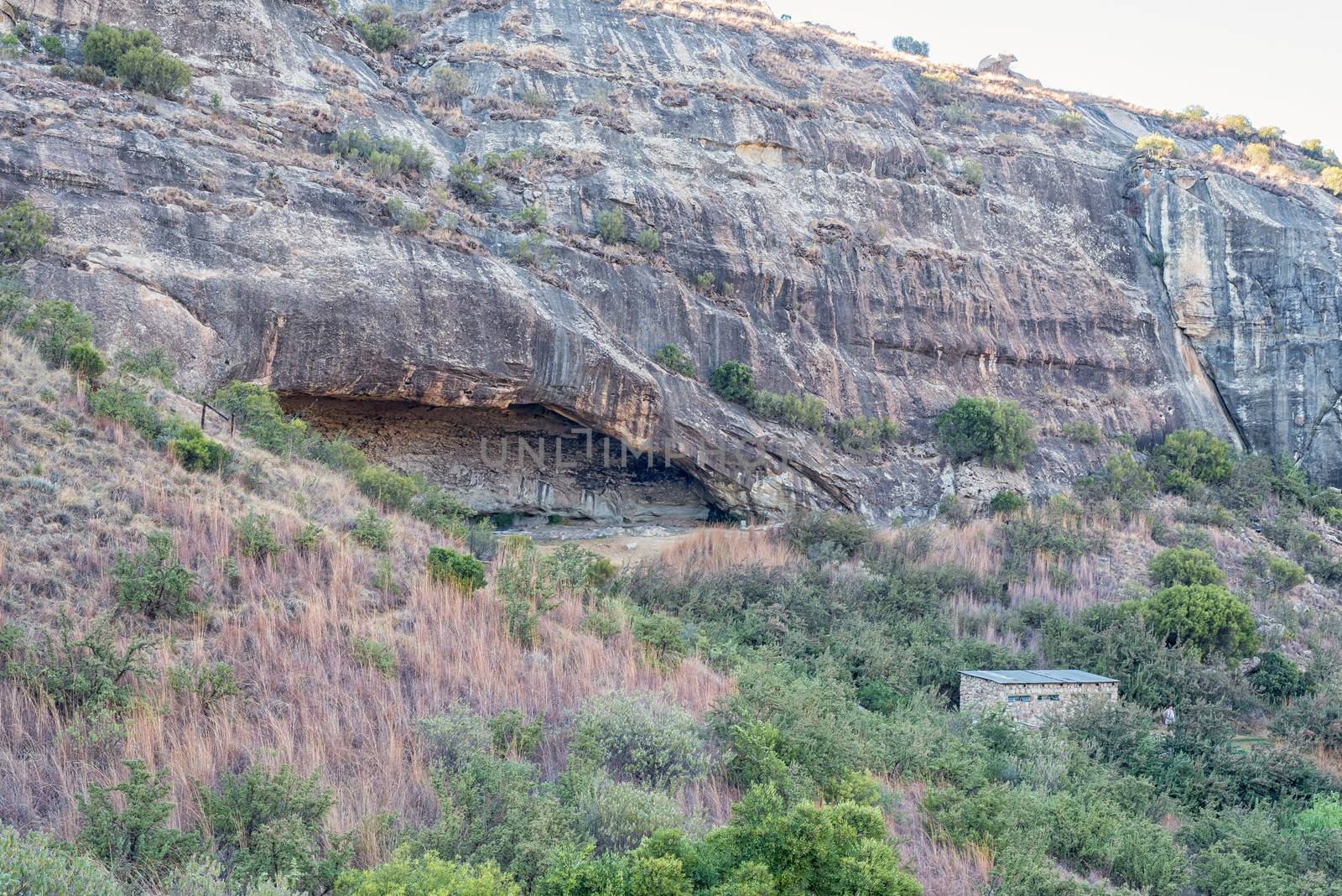 Landscape on the Cannibal Hiking Trail near Clarens in the Free State Province. The Cannibal Cave is visible