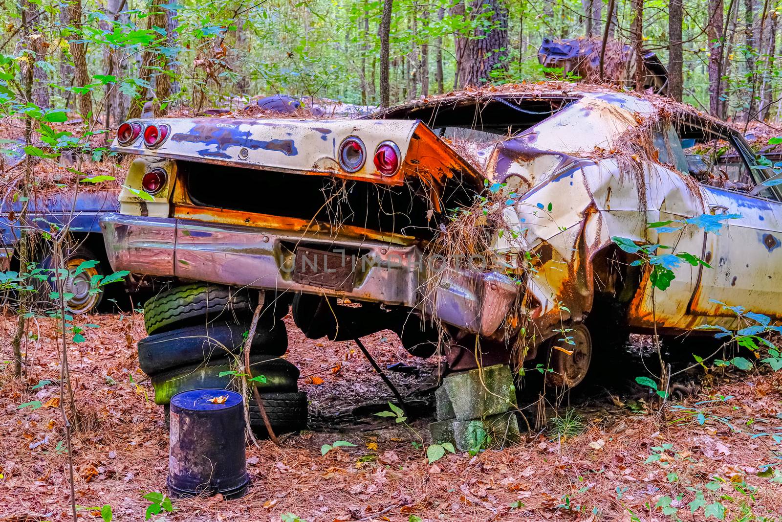 Trunk of Old Wrecked Car Propped up on Tires and Cinder Blocks