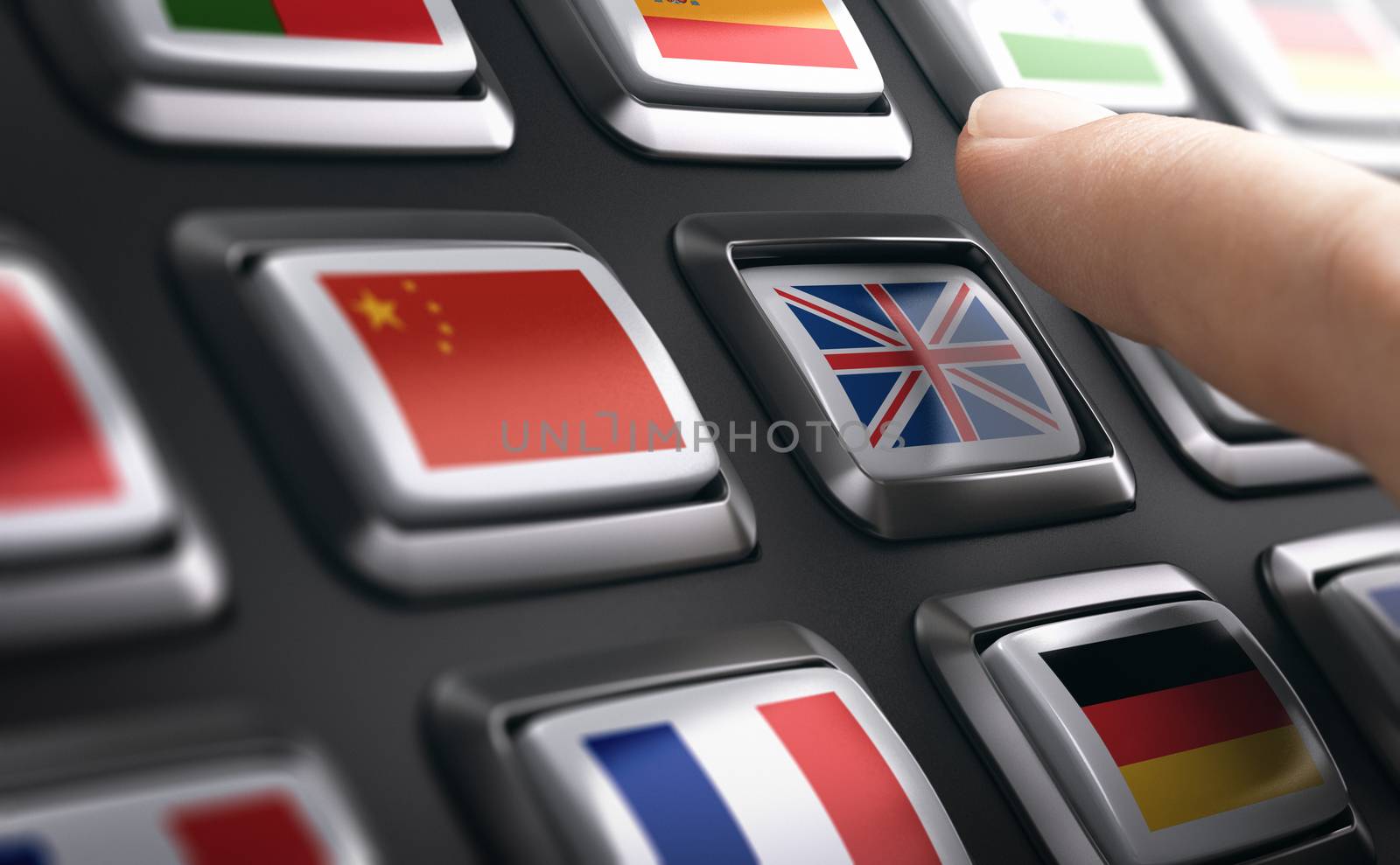Finger pressing multilingual support buttons and choosing english language. Composite image between a hand photography and a 3D background.