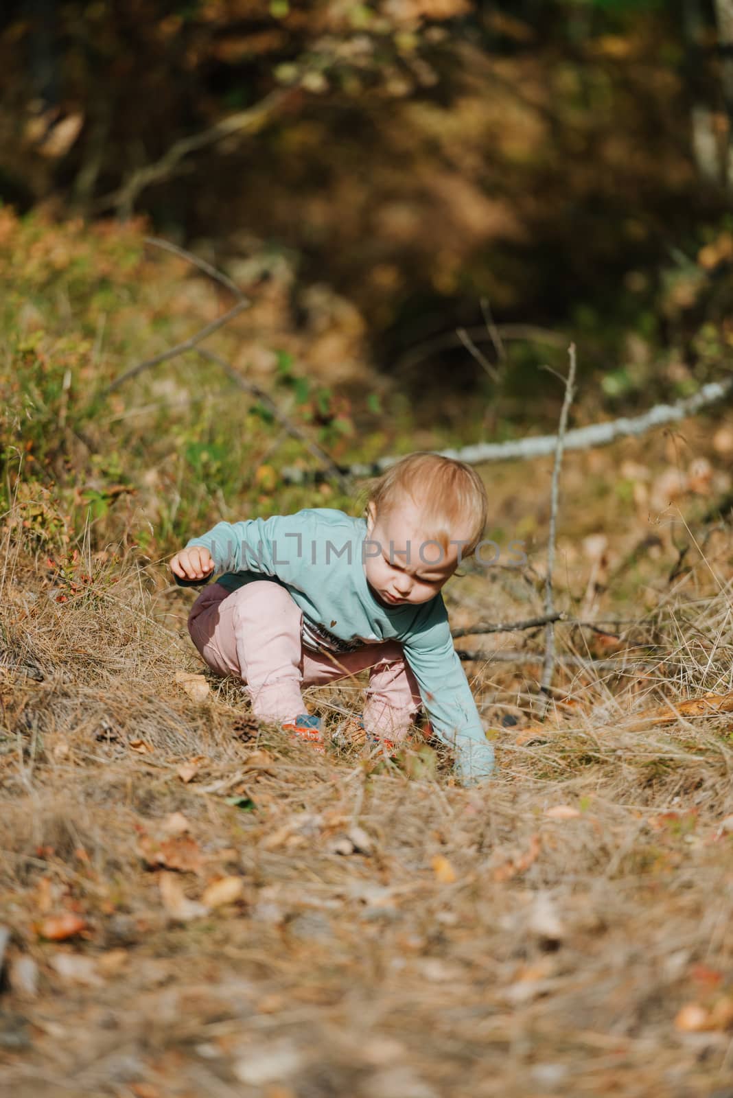Adorable girl having fun on beautiful autumn day. authentic childhood image