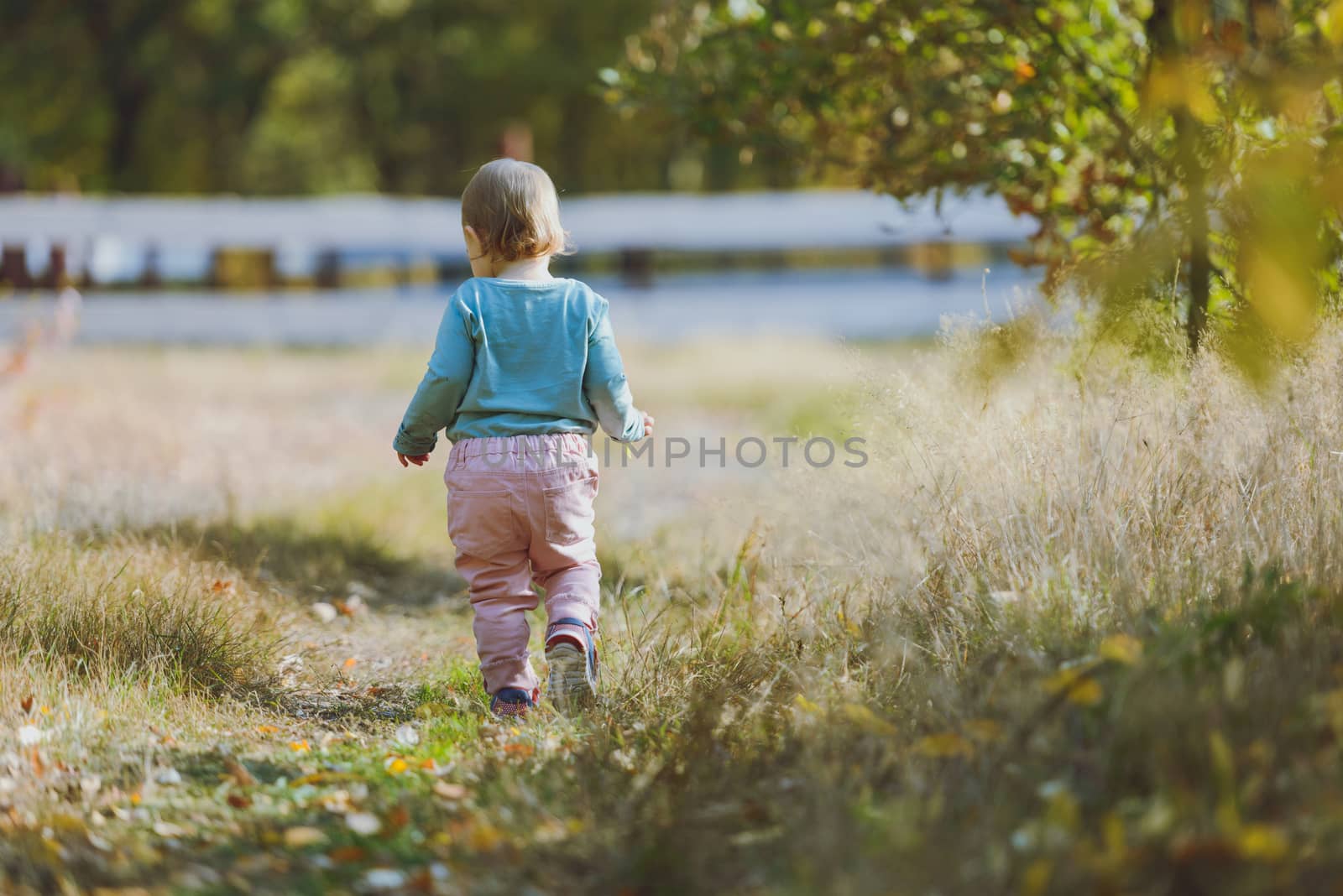 Adorable girl having fun on beautiful autumn day. authentic childhood image